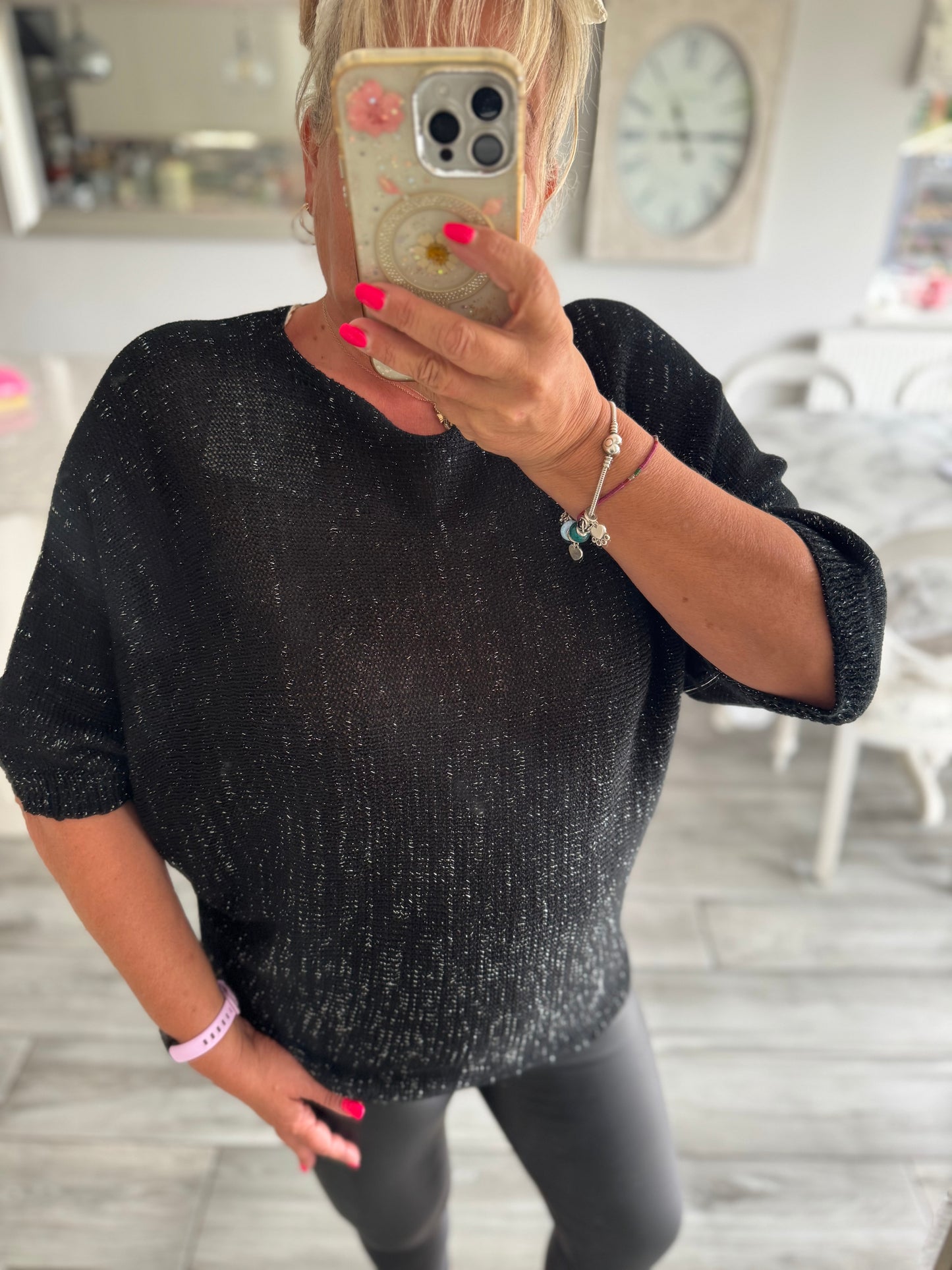 Arabella lightweight batwing jumper with silver fleck and daisies on the back