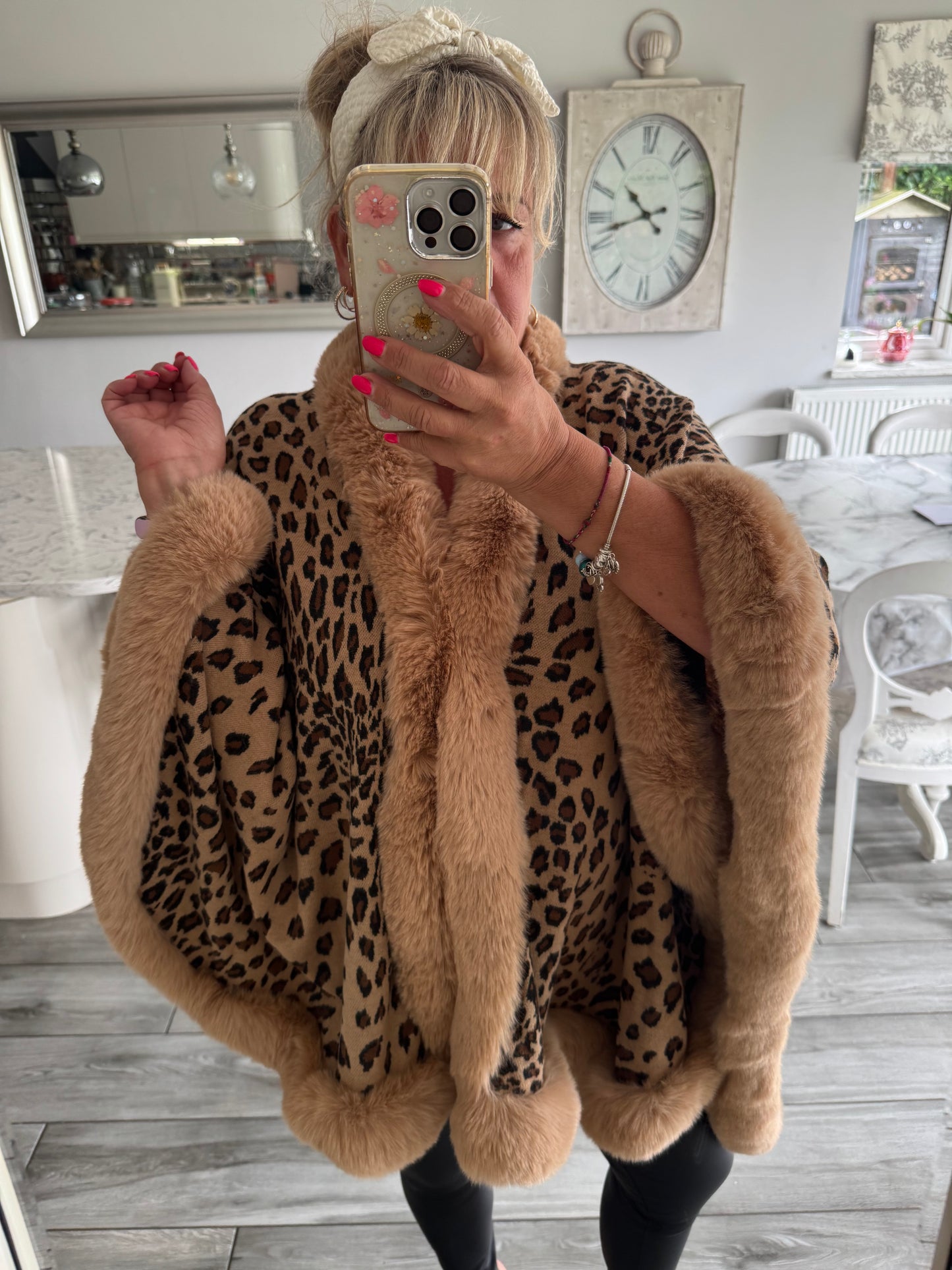 Isla leopard print with soft faux fur trim poncho style cape with fastening