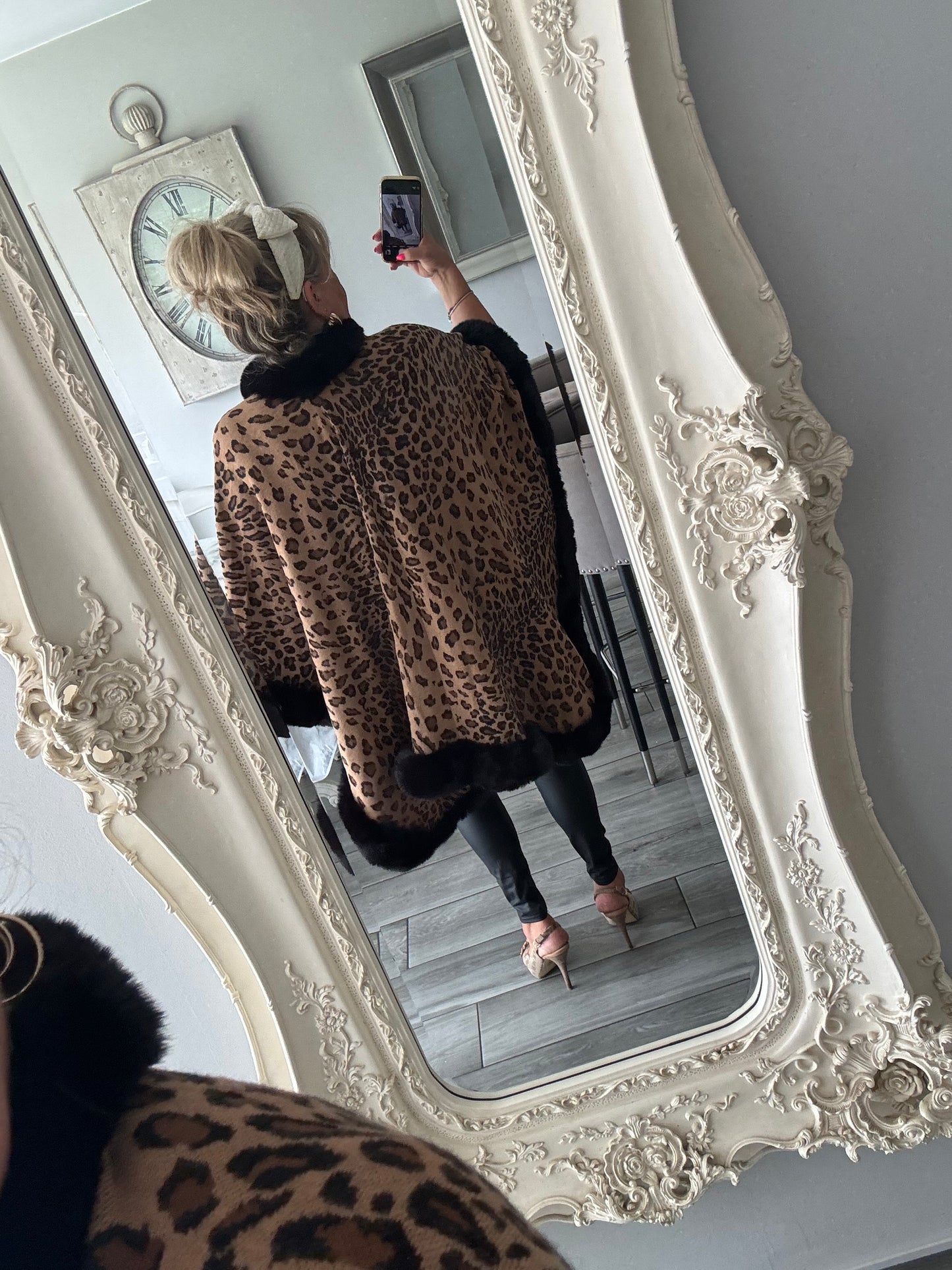 Isla leopard print with soft faux fur trim poncho style cape with fastening