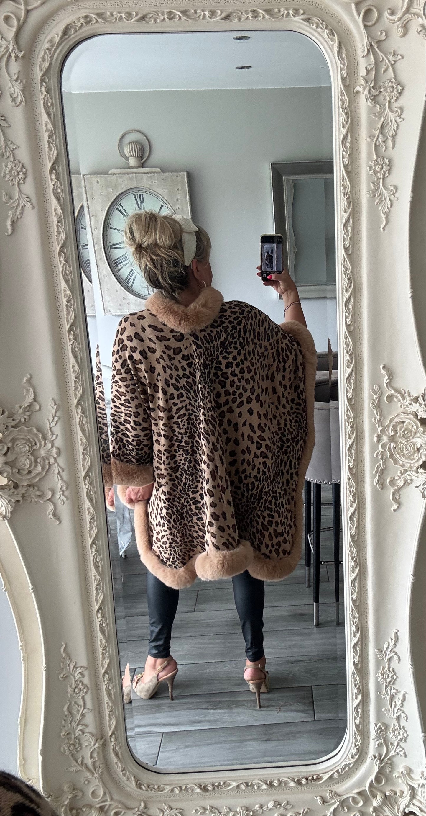 Isla leopard print with soft faux fur trim poncho style cape with fastening