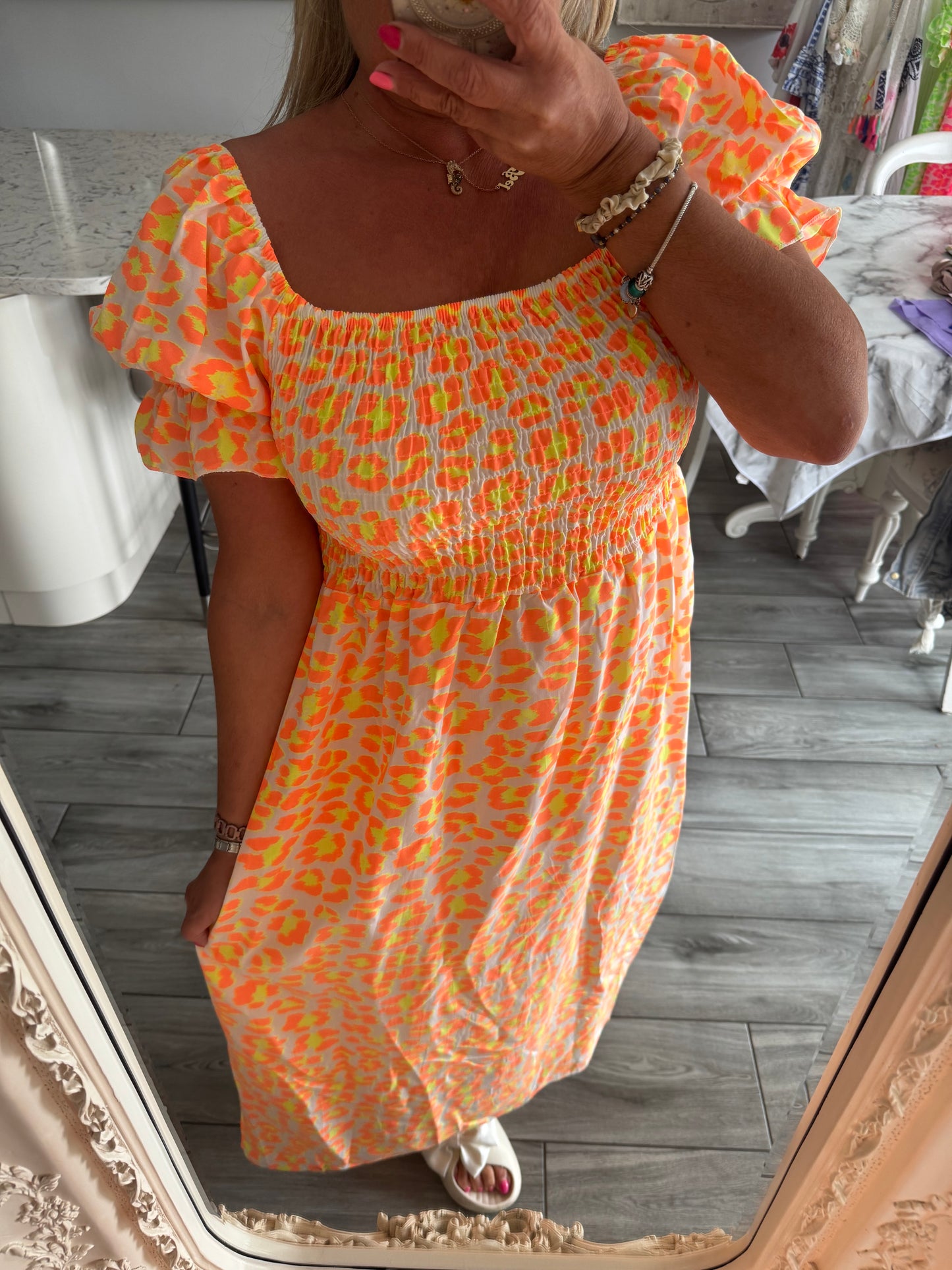Aurora neon leopard print dress Shirred bust line