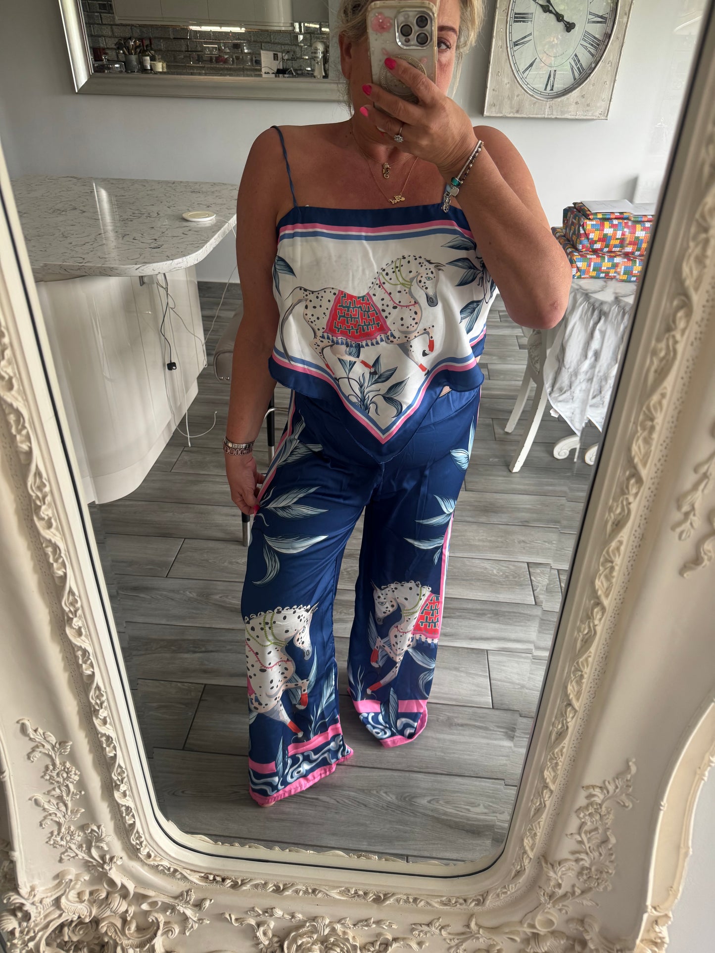 Marni satin horse print wide leg trouser with scarf top 2 piece set
