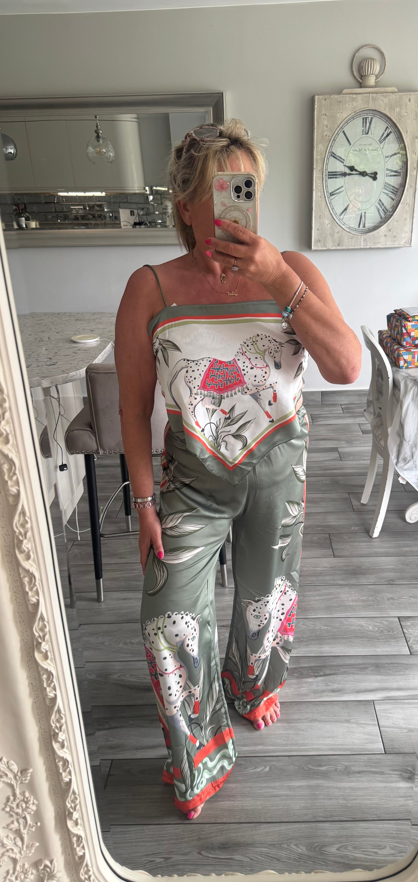 Marni satin horse print wide leg trouser with scarf top 2 piece set