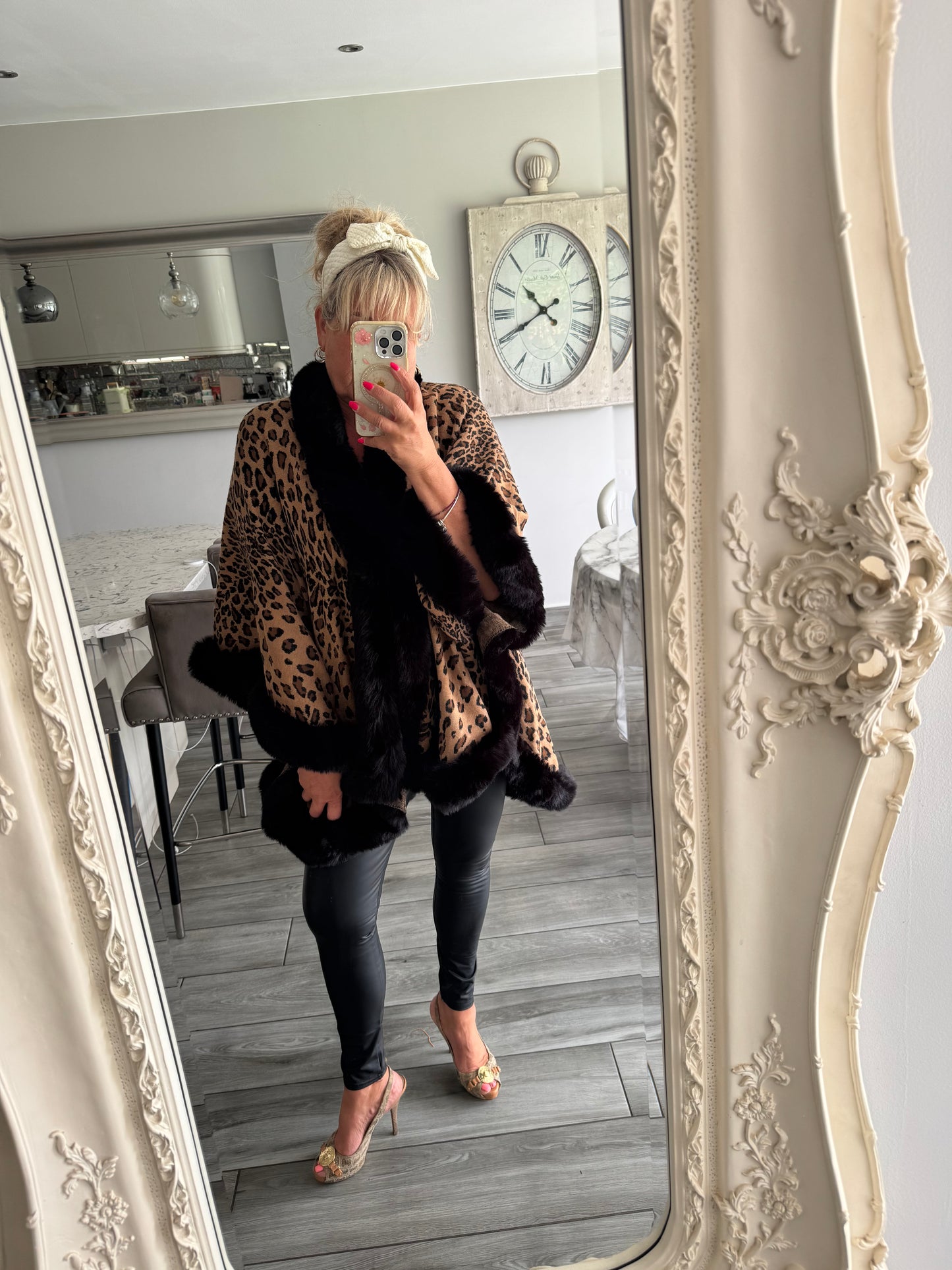 Isla leopard print with soft faux fur trim poncho style cape with fastening