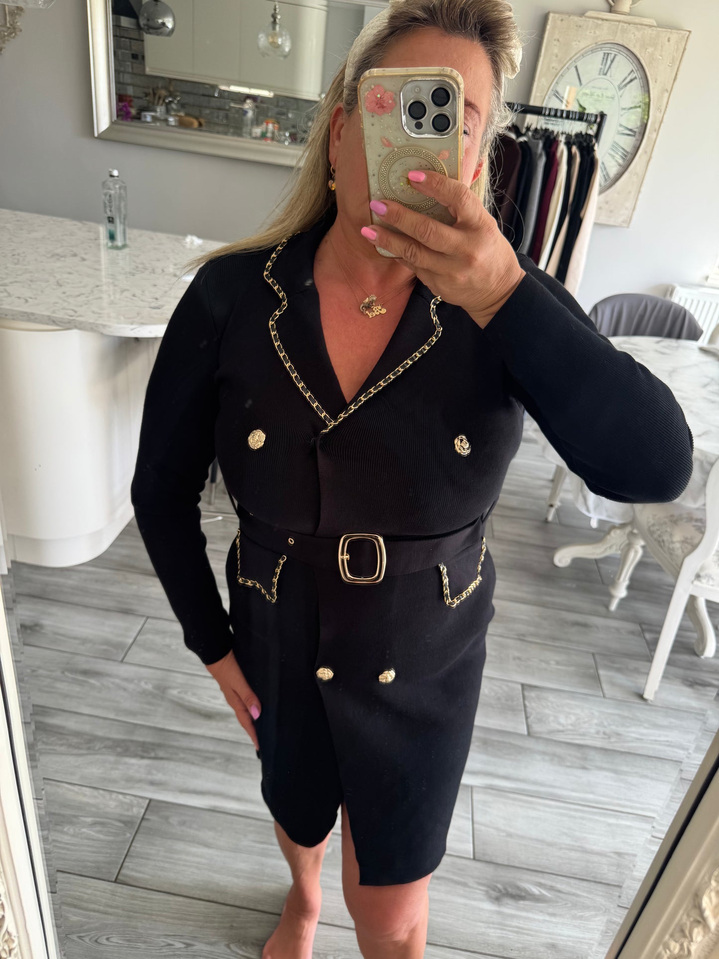 Ella smart short dress gold chanelesque chain detail