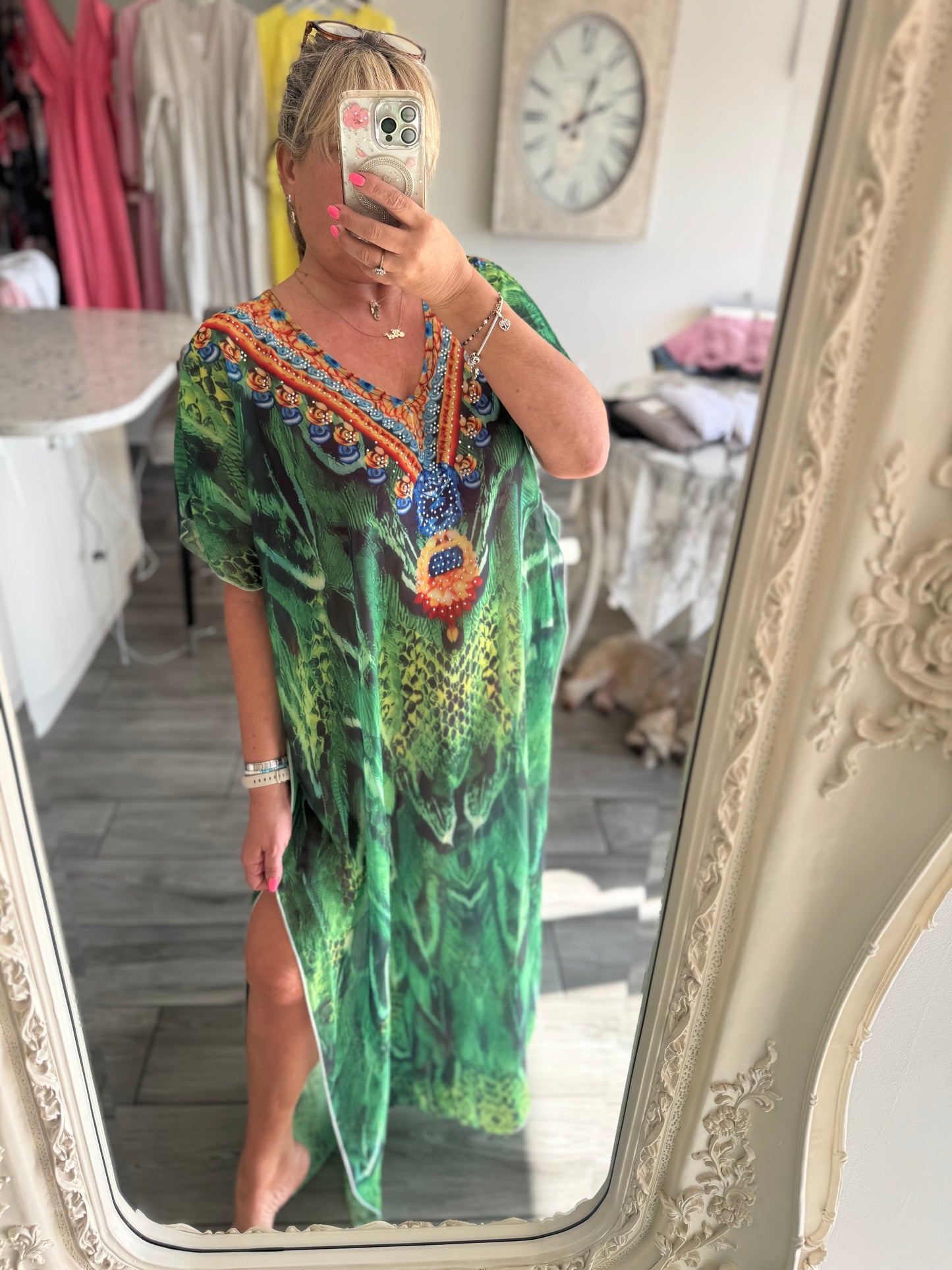 Kos kaftan green multi maxi with split sides