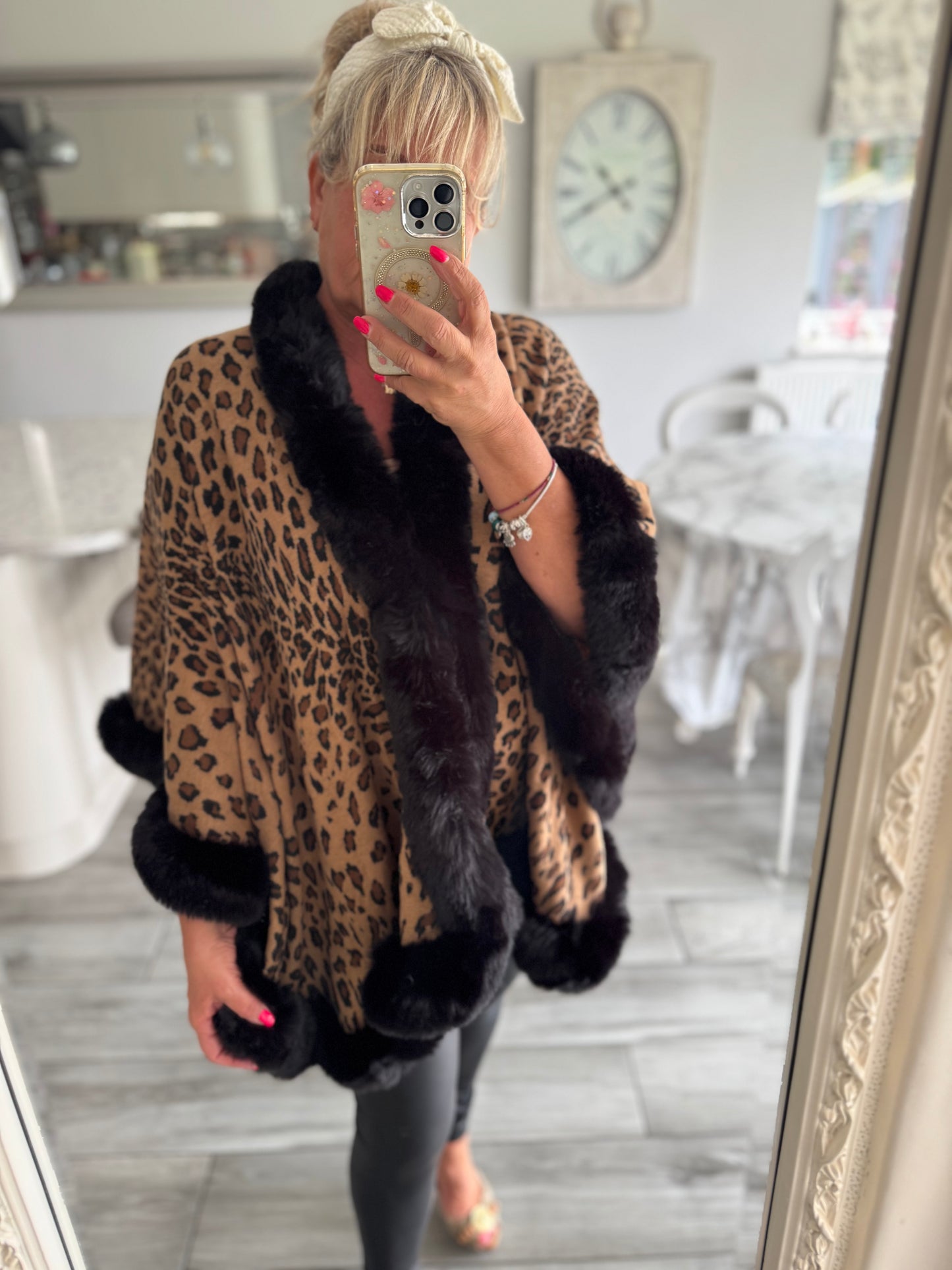 Isla leopard print with soft faux fur trim poncho style cape with fastening