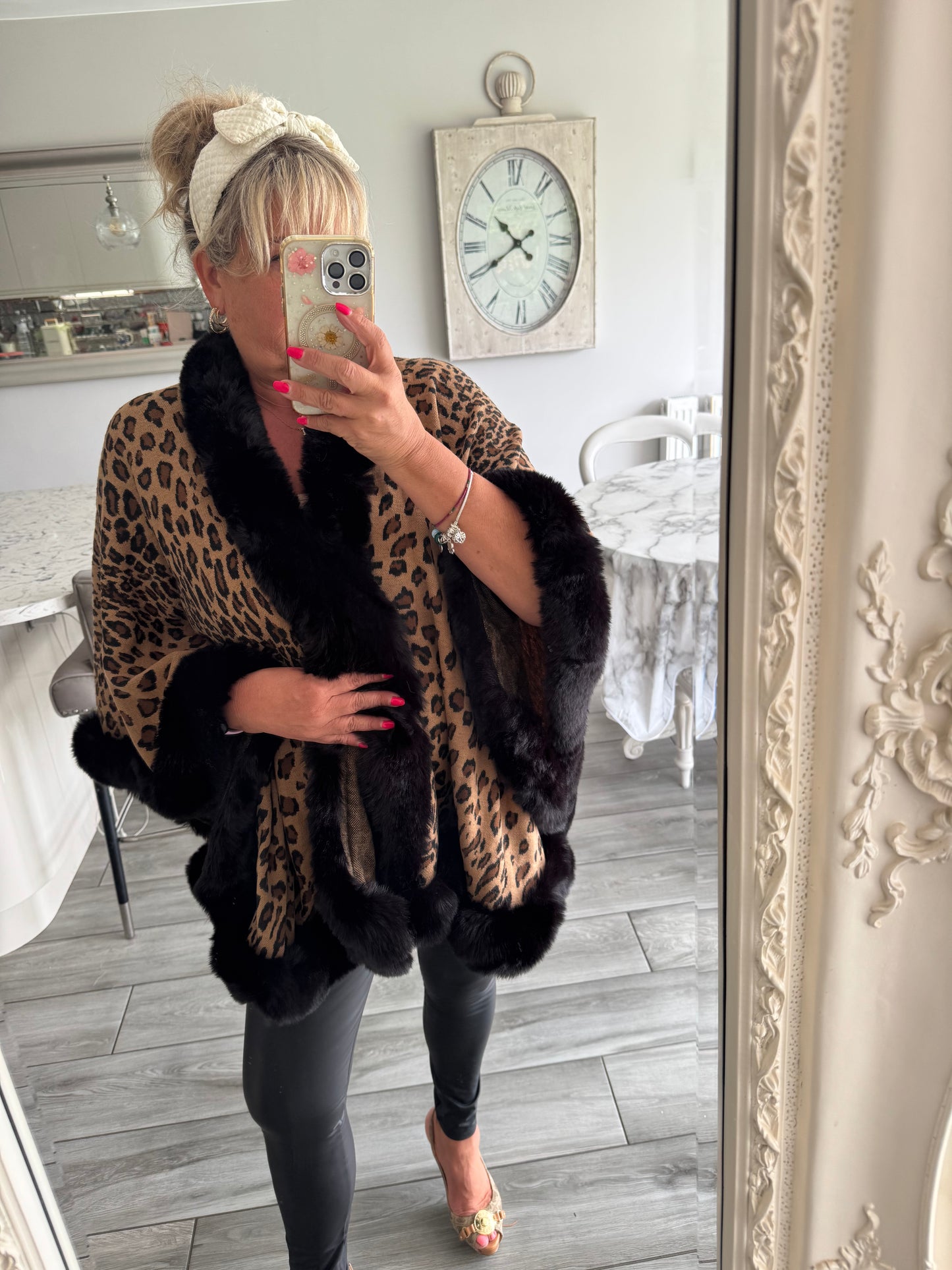 Isla leopard print with soft faux fur trim poncho style cape with fastening