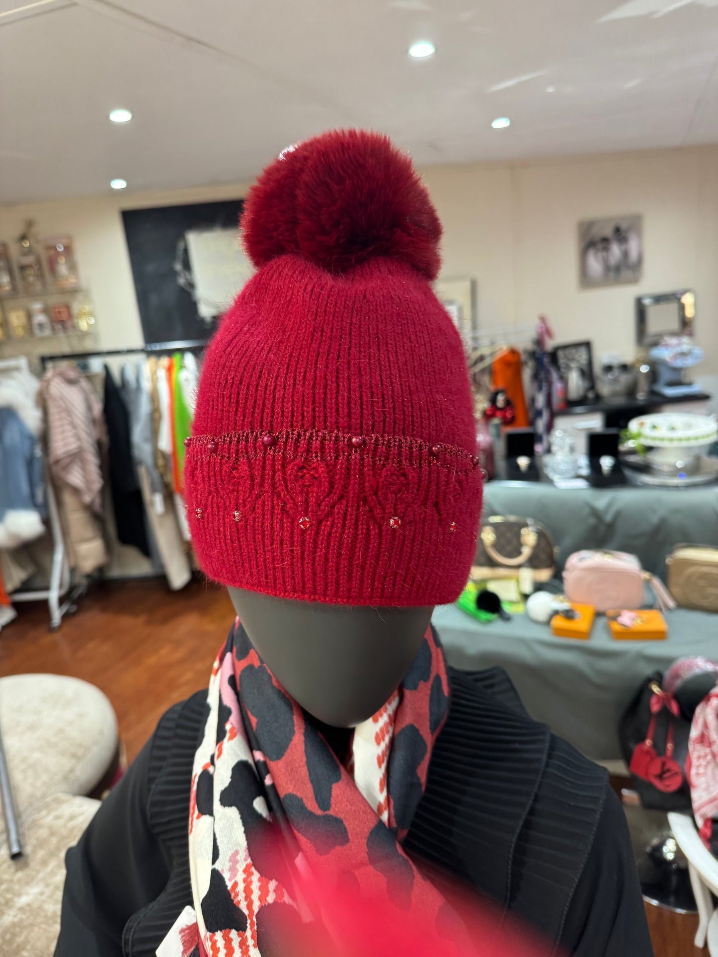 Rossi wine colour sparkly pompom fleece lined hat