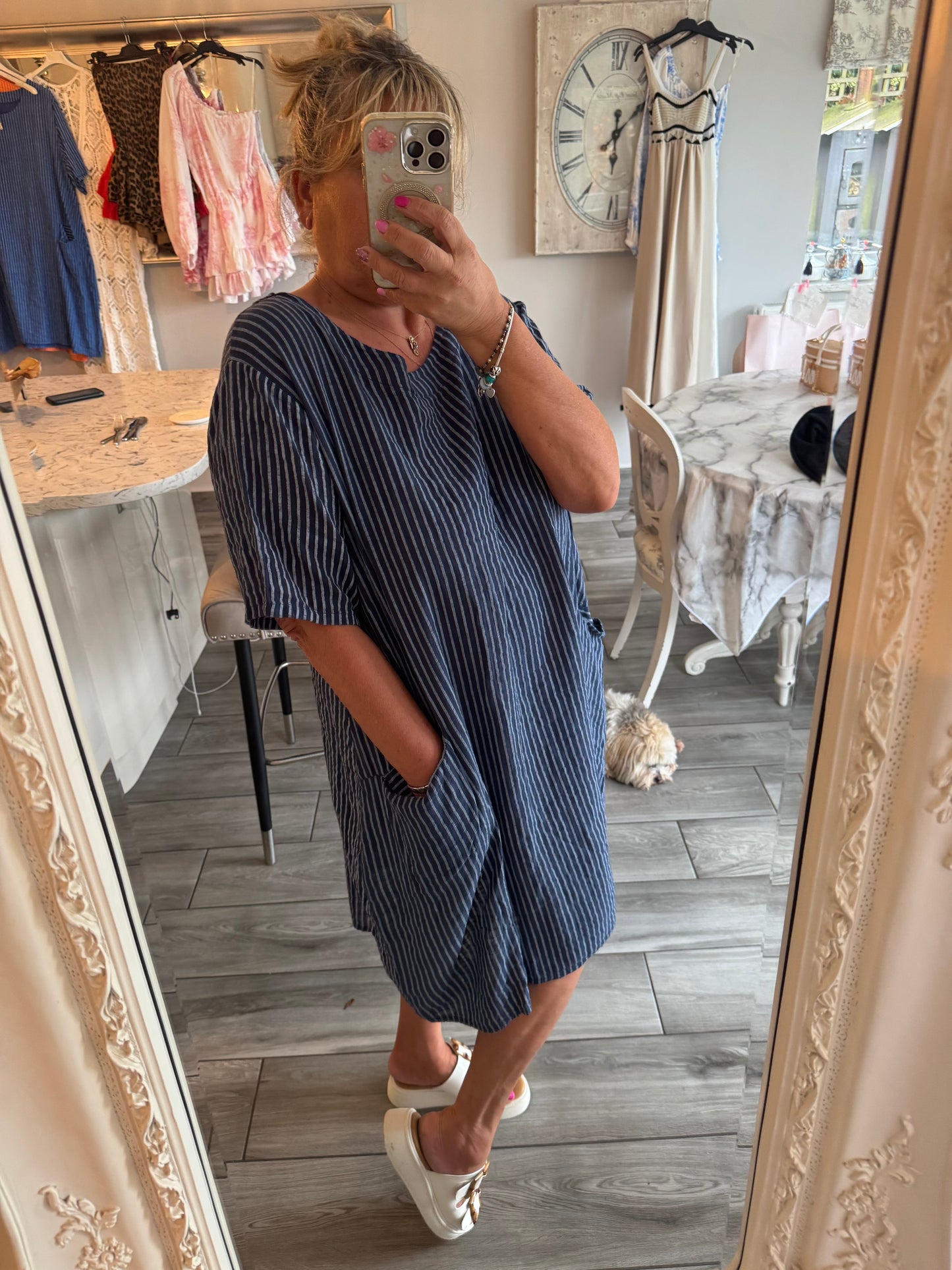Pina 100% Cotton pinstripe dress with pockets