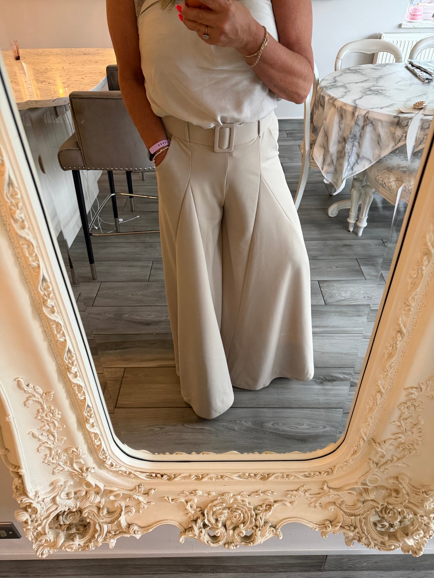 Donna belted wide leg palazzo trousers
