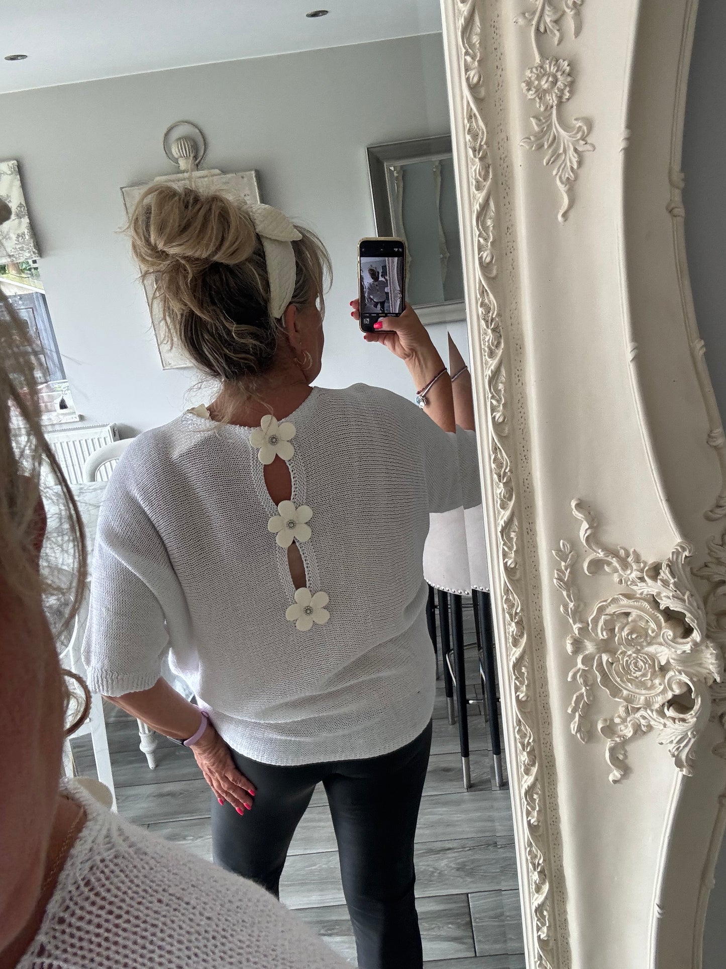 Arabella lightweight batwing jumper with silver fleck and daisies on the back