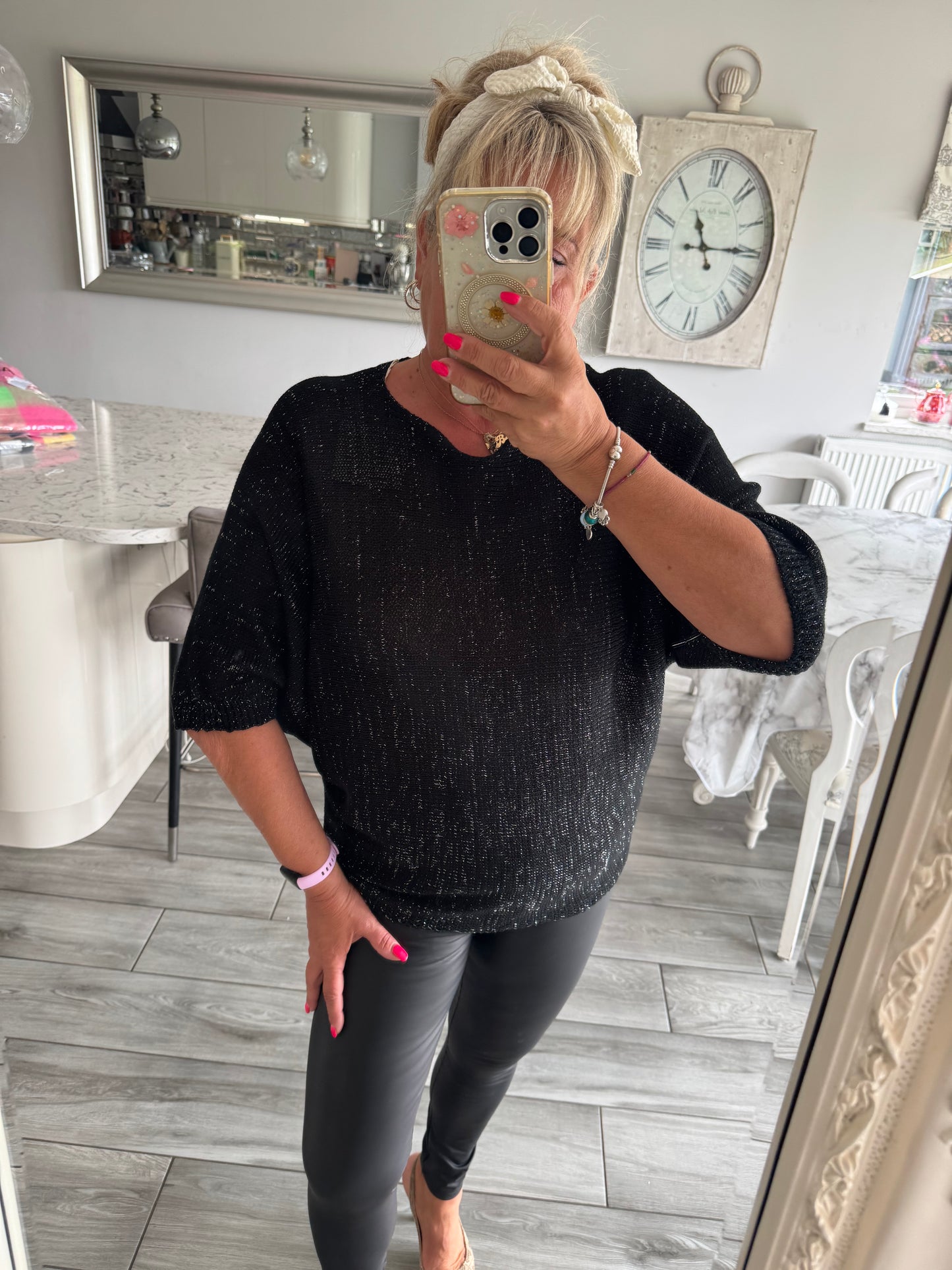 Arabella lightweight batwing jumper with silver fleck and daisies on the back