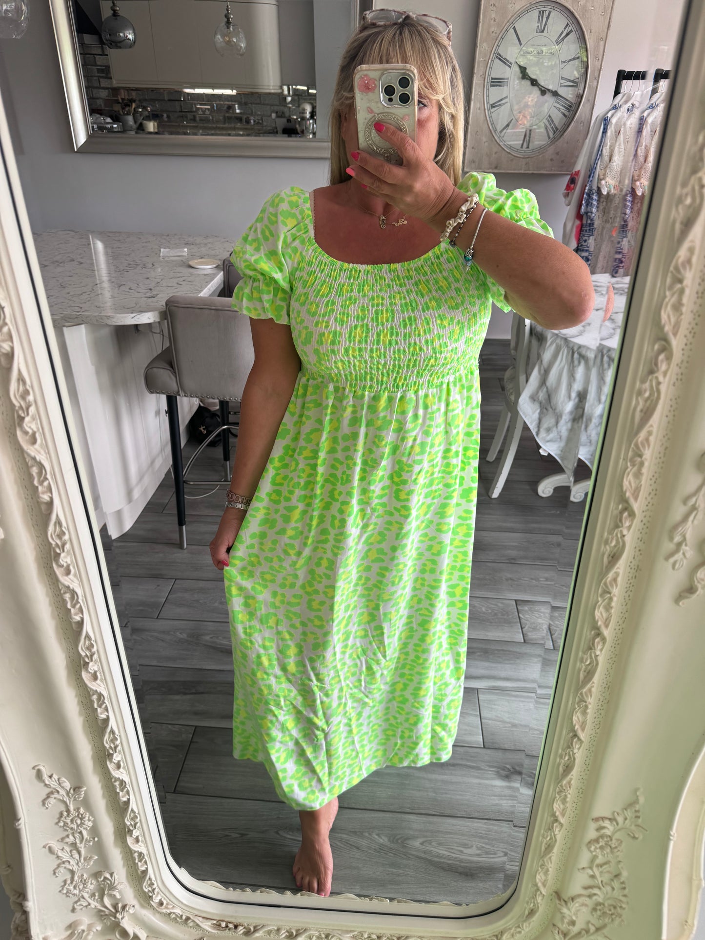 Aurora neon leopard print dress Shirred bust line