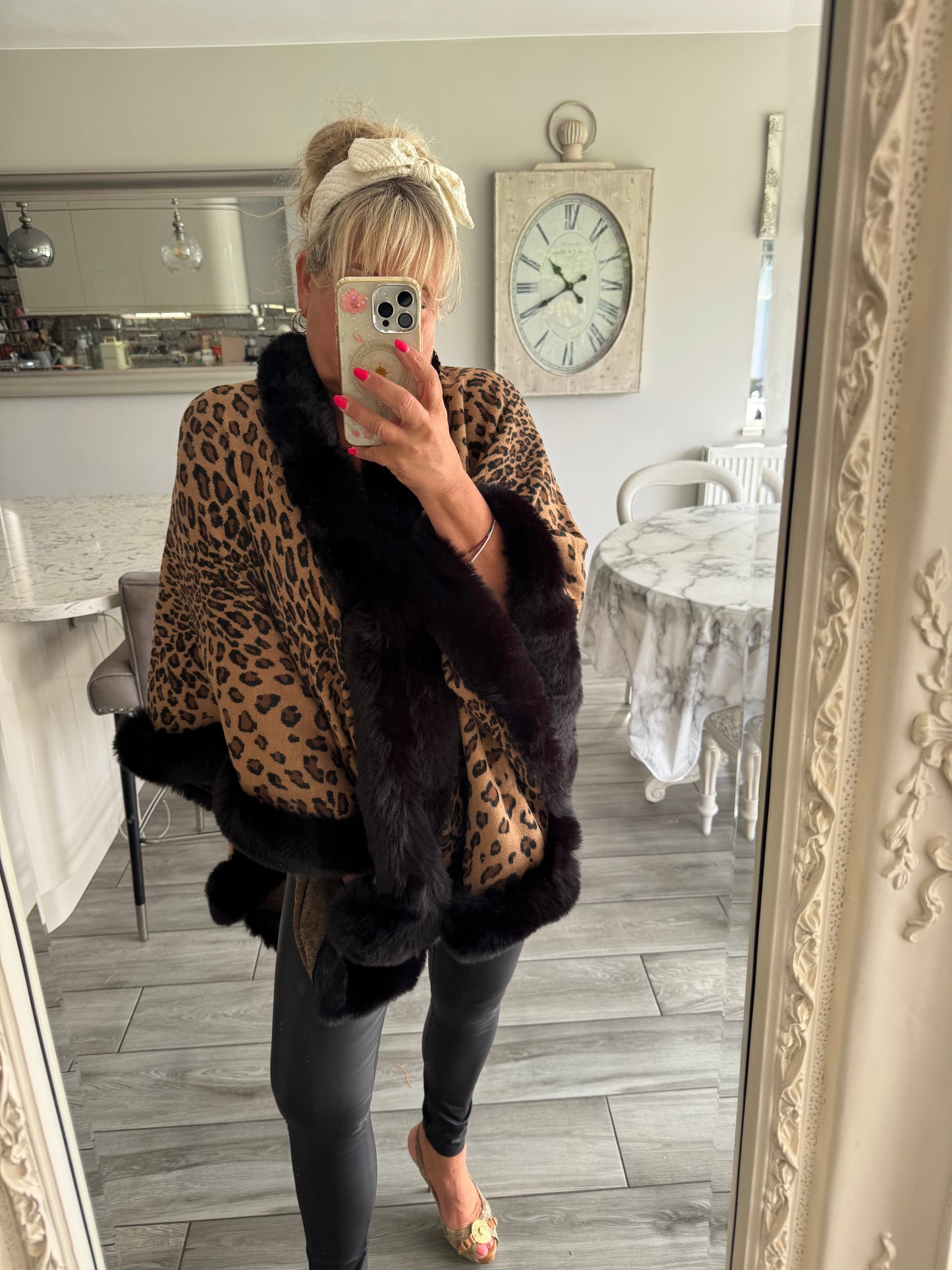 Isla leopard print with soft faux fur trim poncho style cape with fastening