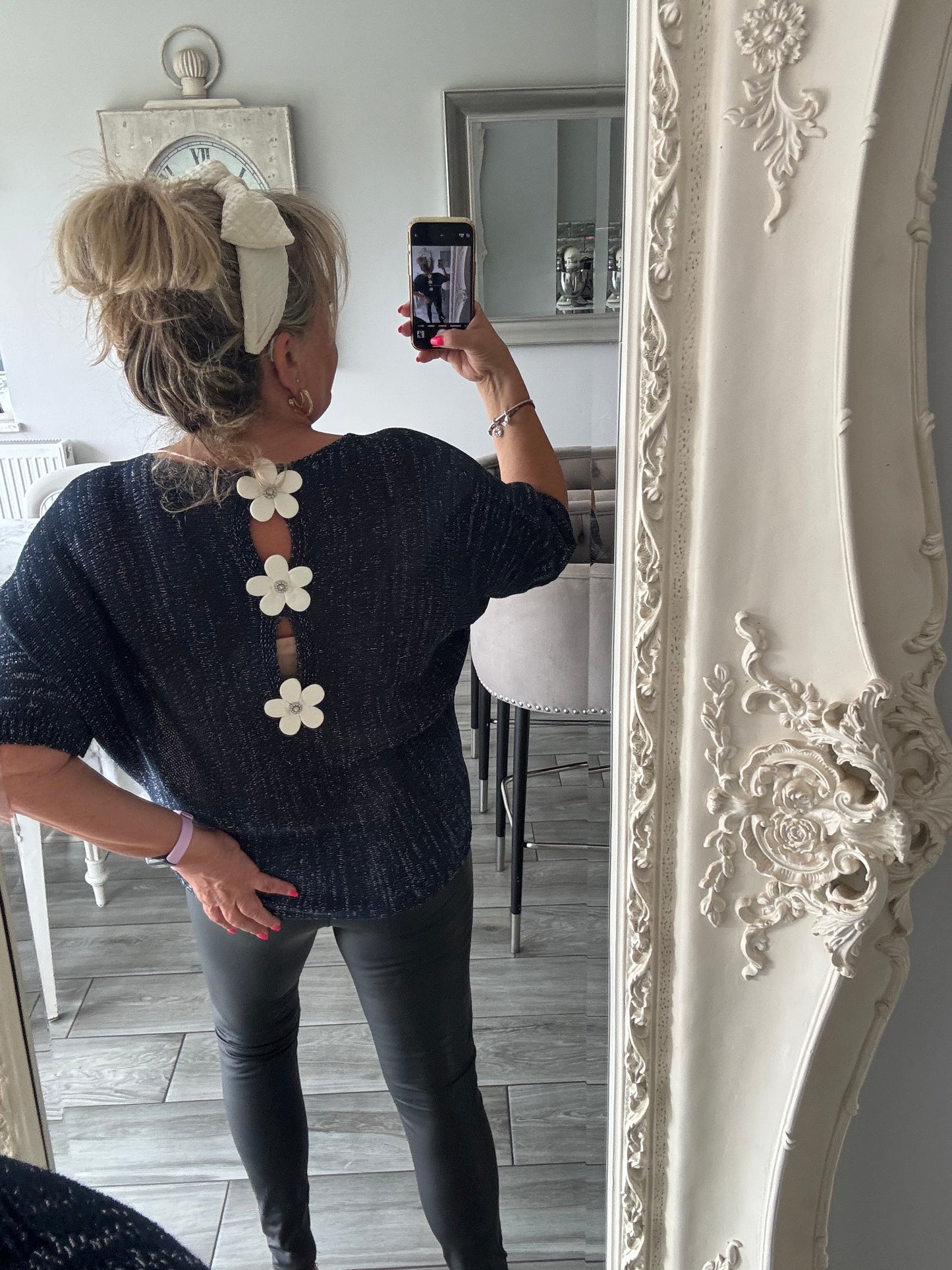 Arabella lightweight batwing jumper with silver fleck and daisies on the back