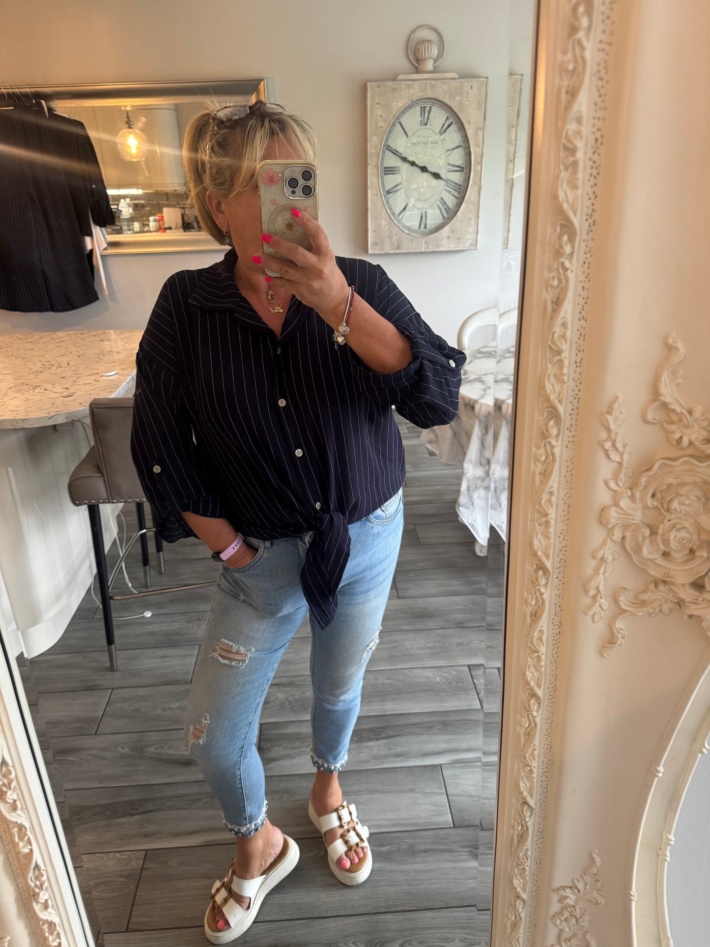 Devina pin stripe tie front shirt