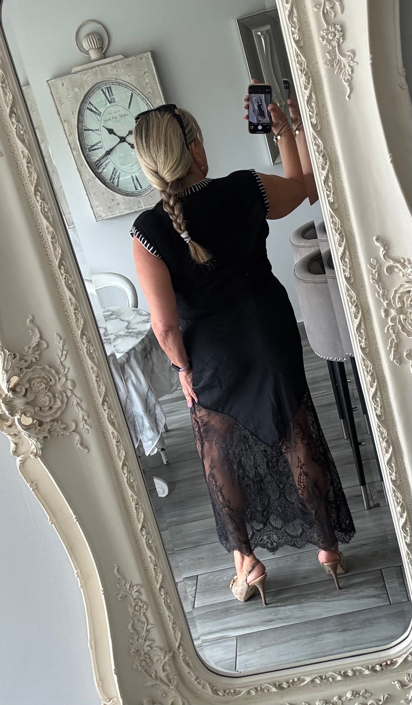 Sabina black lace satin skirt