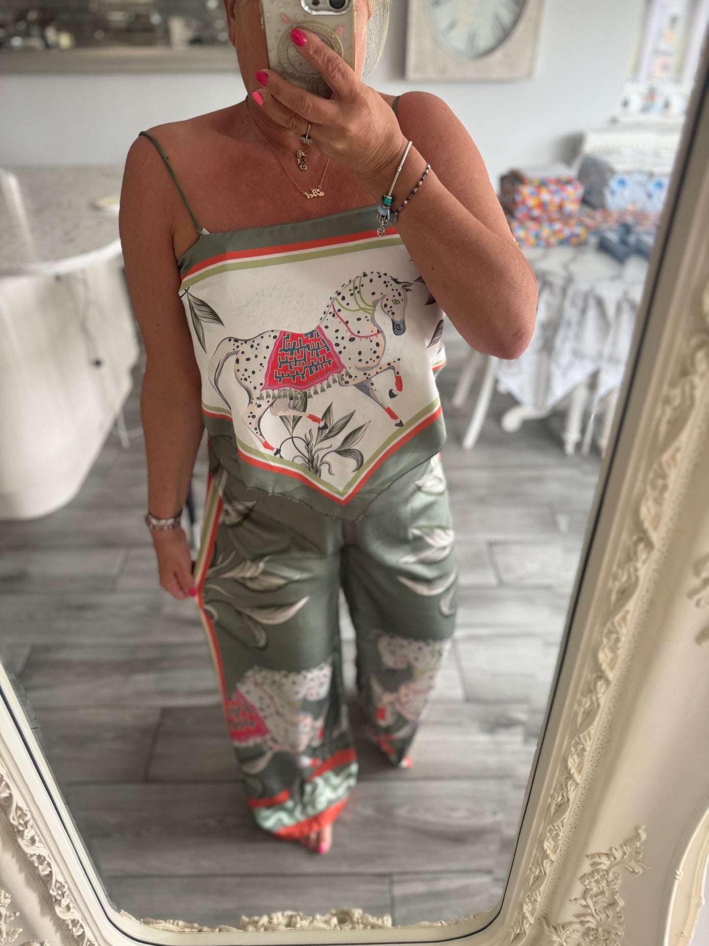 Marni satin horse print wide leg trouser with scarf top 2 piece set