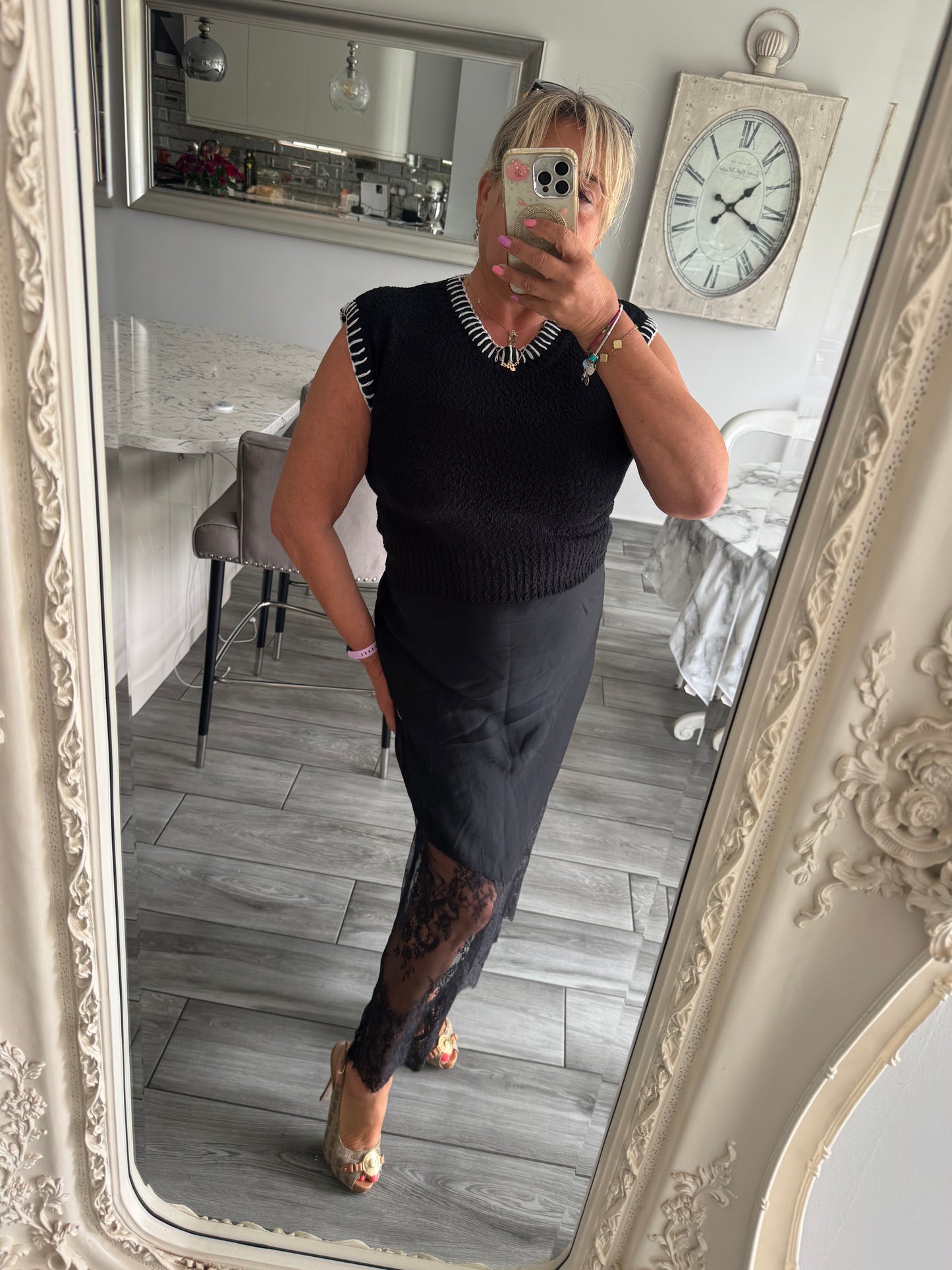 Sabina black lace satin skirt