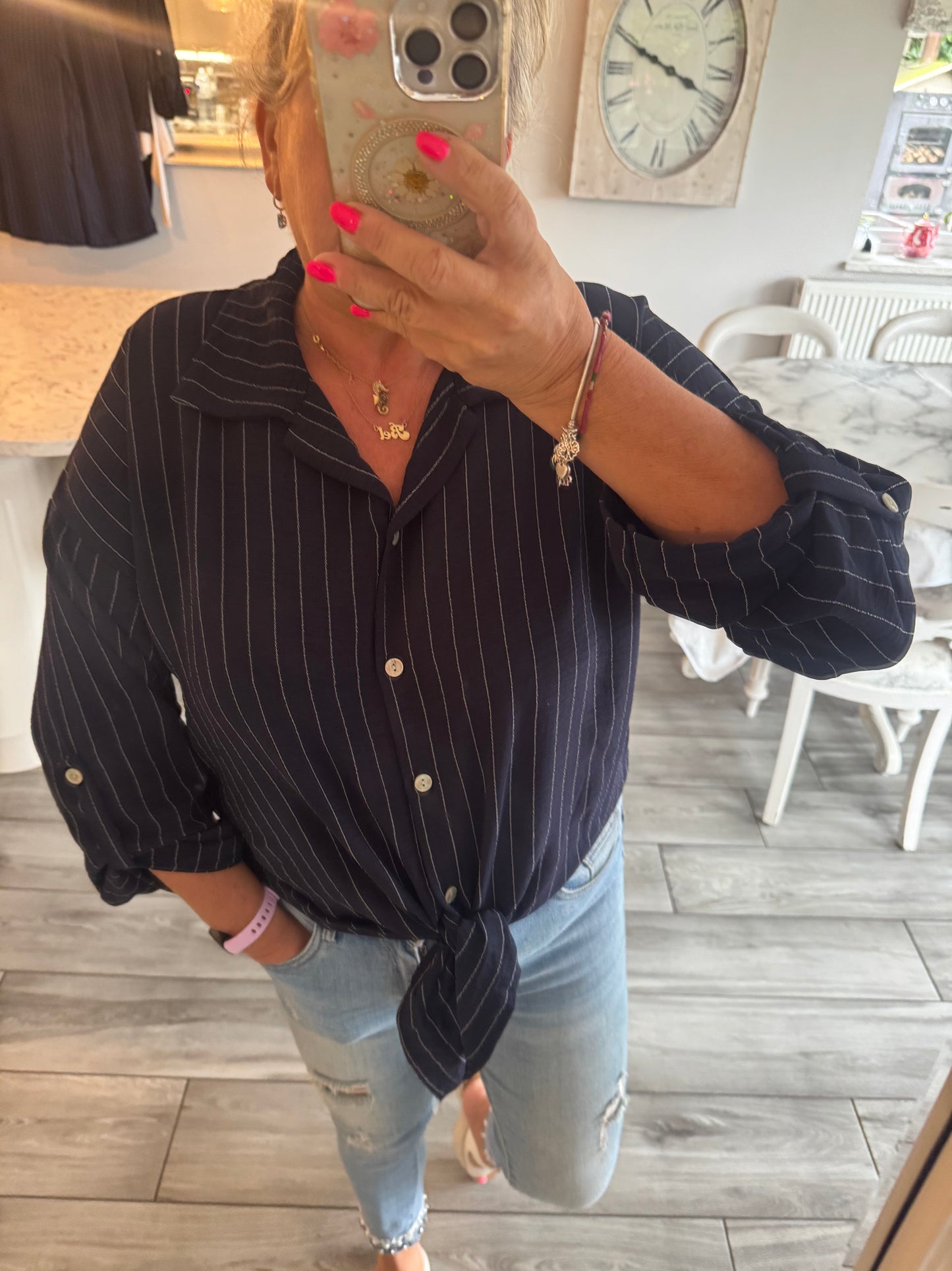 Devina pin stripe tie front shirt