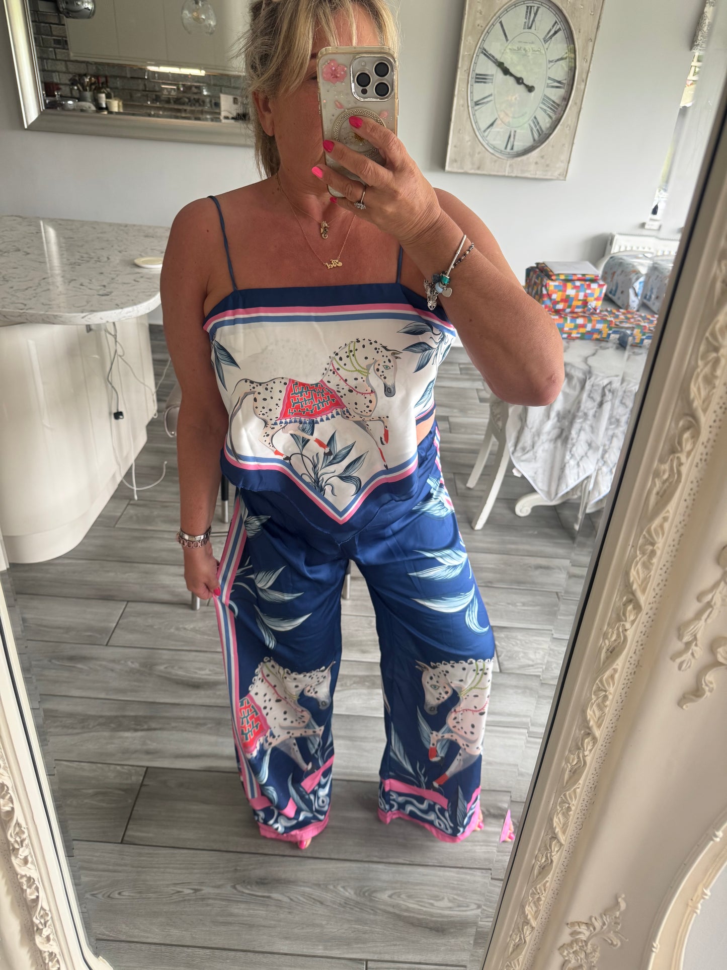Marni satin horse print wide leg trouser with scarf top 2 piece set