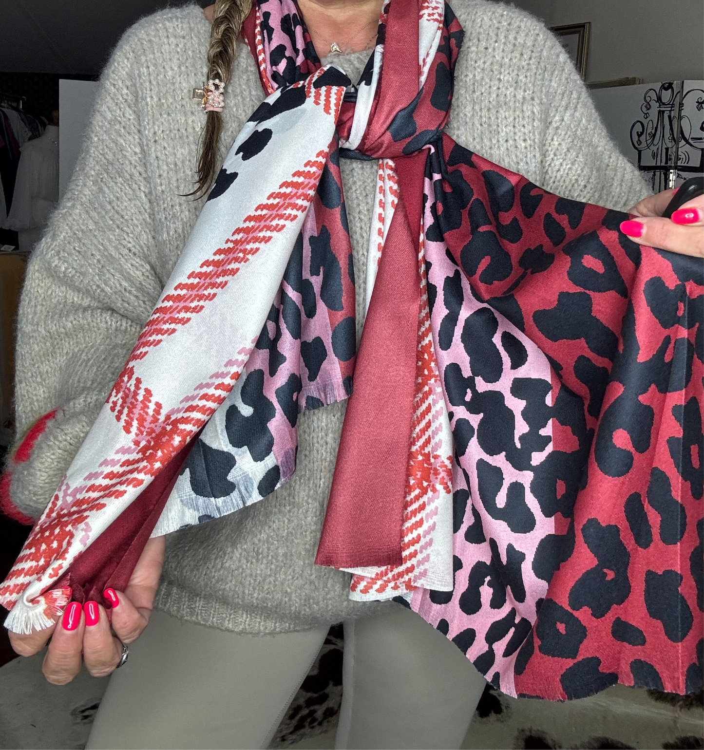 Anne multi pattern coloured scarf with leopard print