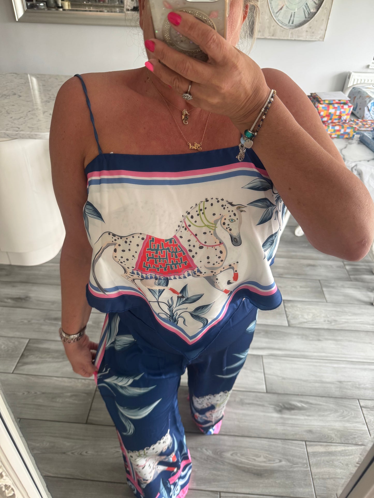 Marni satin horse print wide leg trouser with scarf top 2 piece set