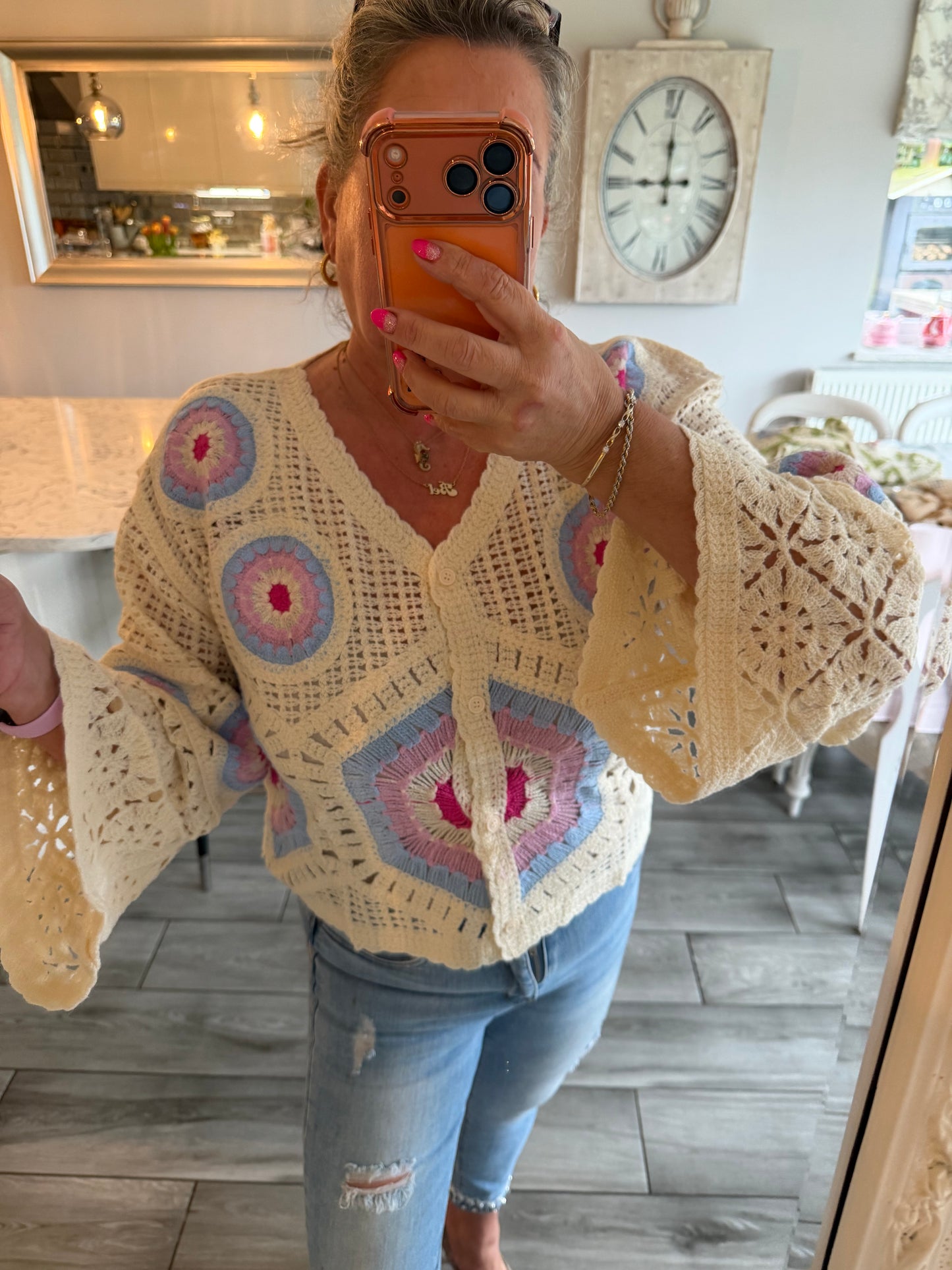 Carla wide sleeve crochet button through top/cardi 100% cotton