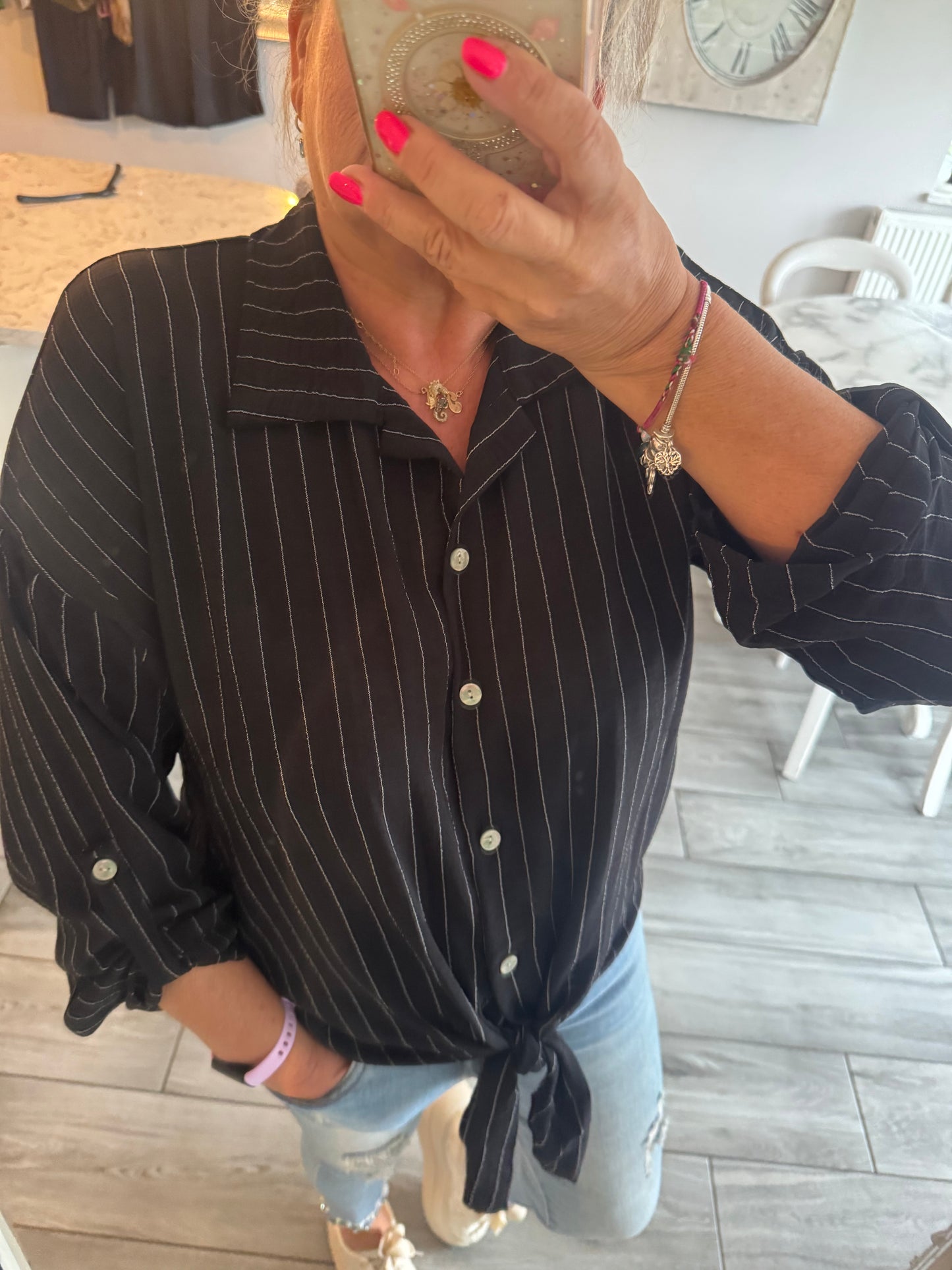 Devina pin stripe tie front shirt