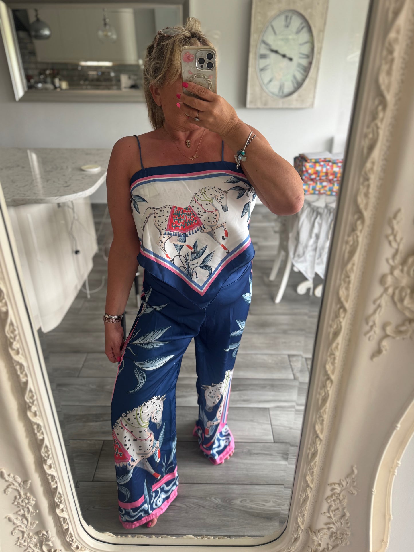 Marni satin horse print wide leg trouser with scarf top 2 piece set