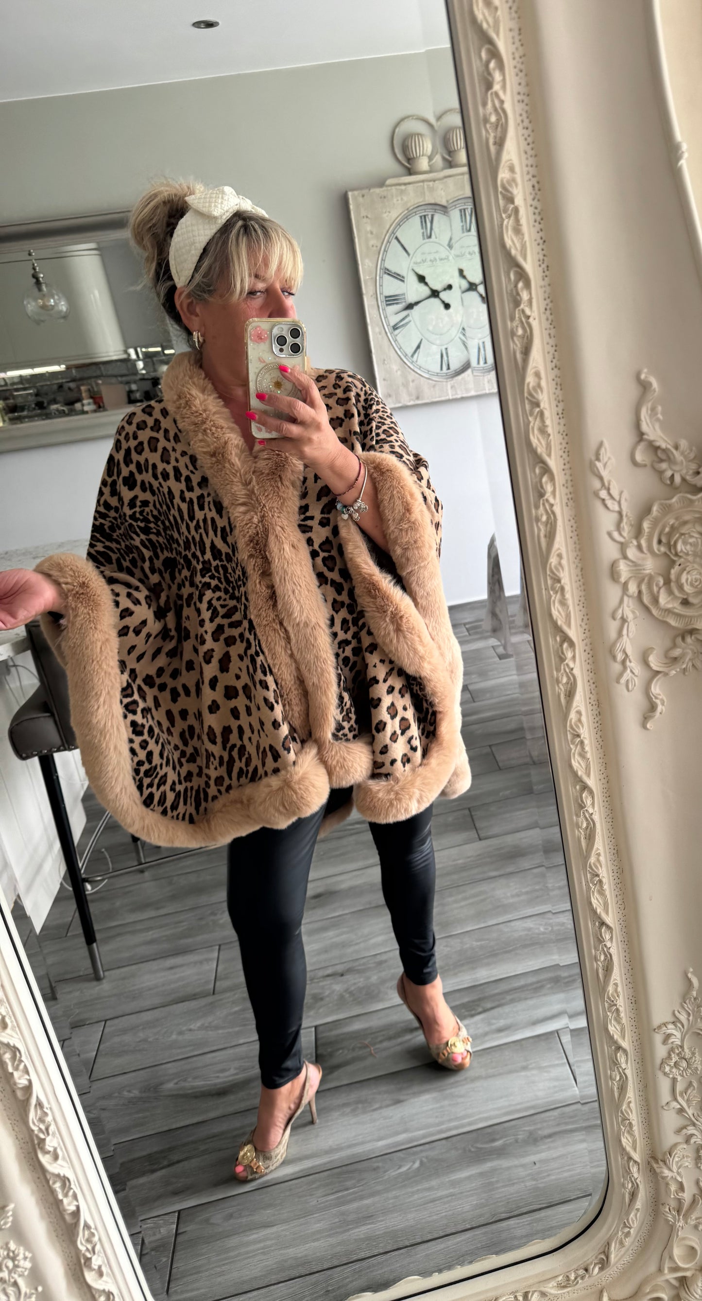 Isla leopard print with soft faux fur trim poncho style cape with fastening
