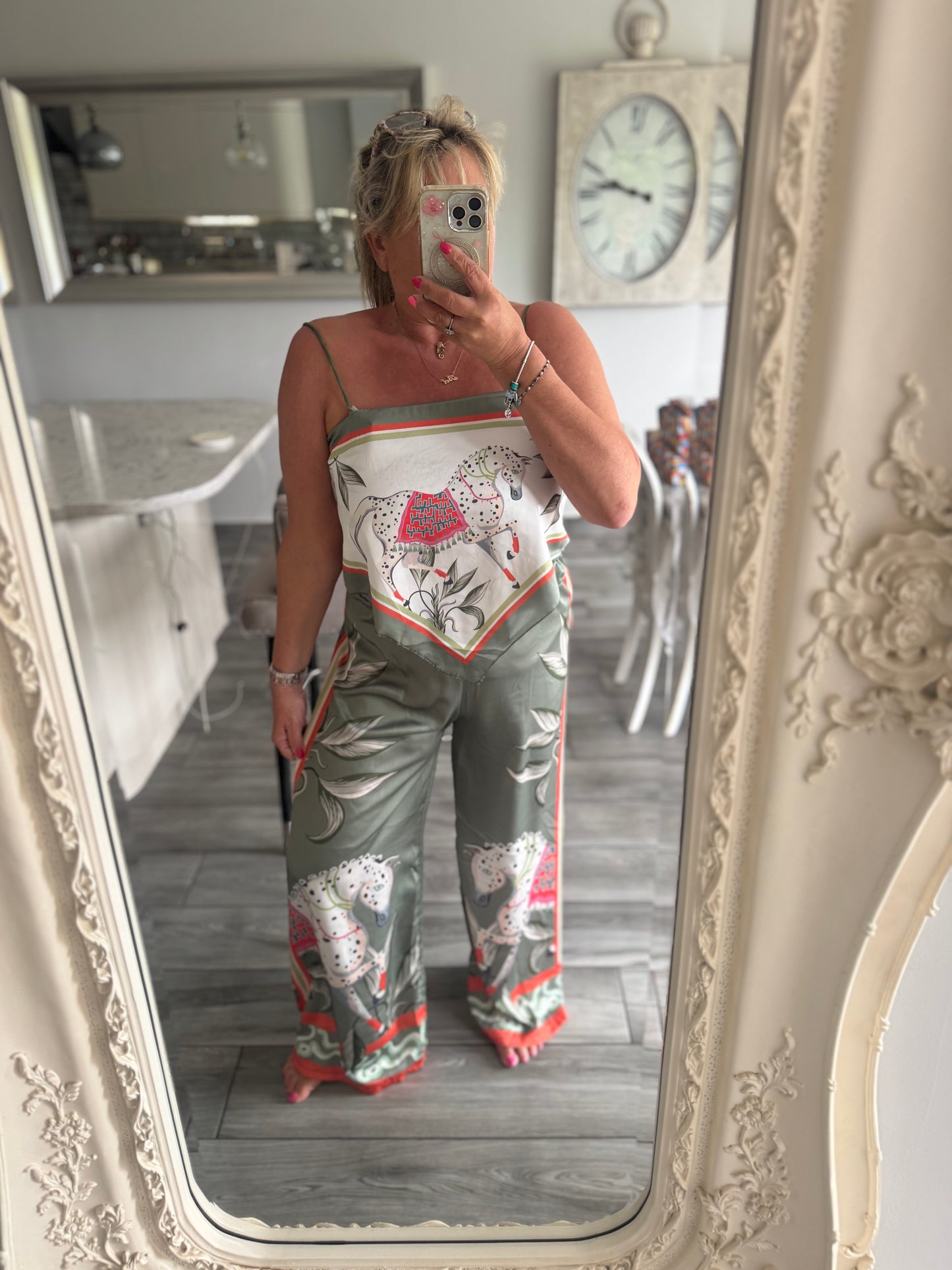 Marni satin horse print wide leg trouser with scarf top 2 piece set