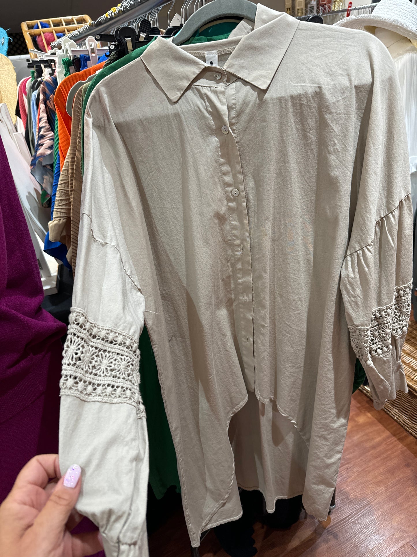 Hazel Hi-Lo Shirt With Lace Insert Sleeve