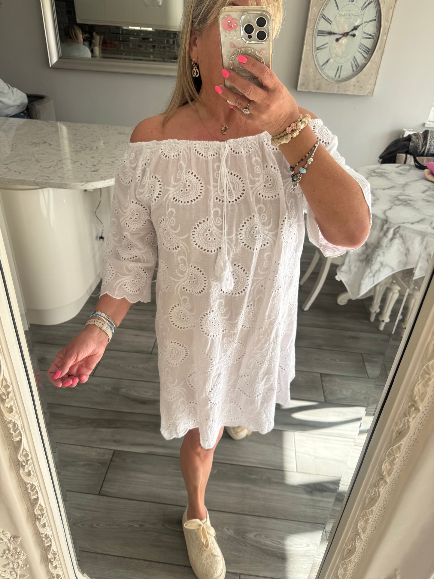 Poppy broderie anglaise Bardot style 100% cotton short dress/top