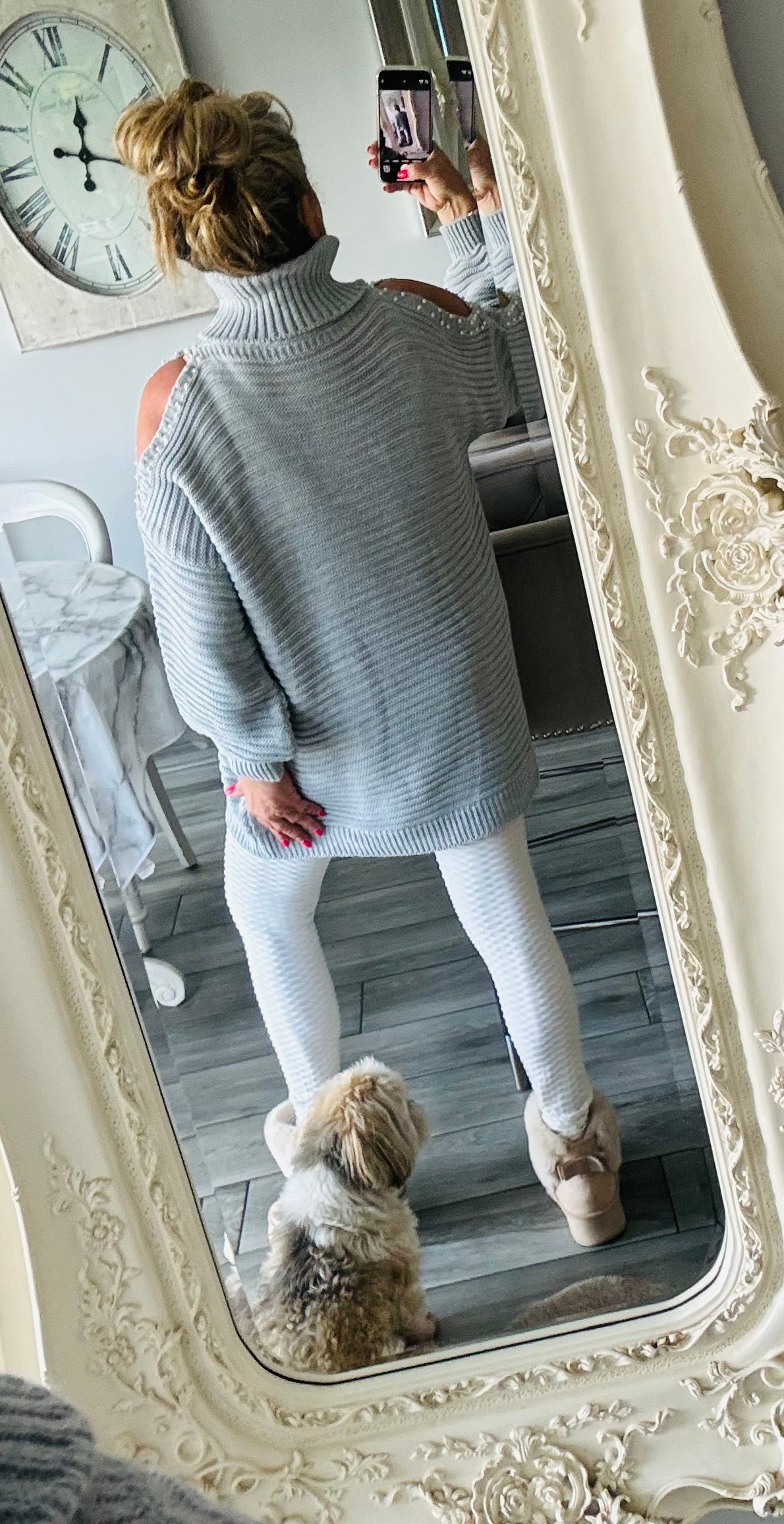 Matilda cold shoulder with pearl detail and high neck long jumper