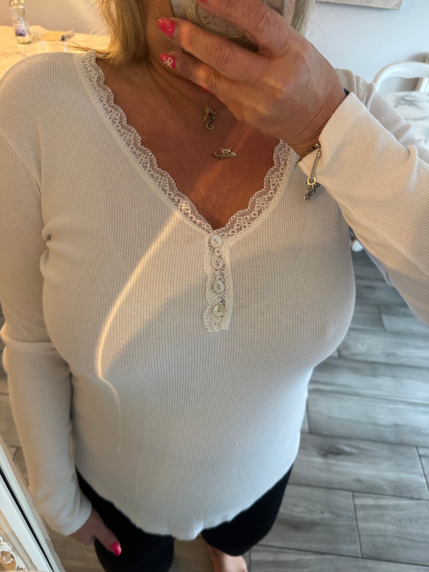 Becky long sleeve rib top with lace trim detail