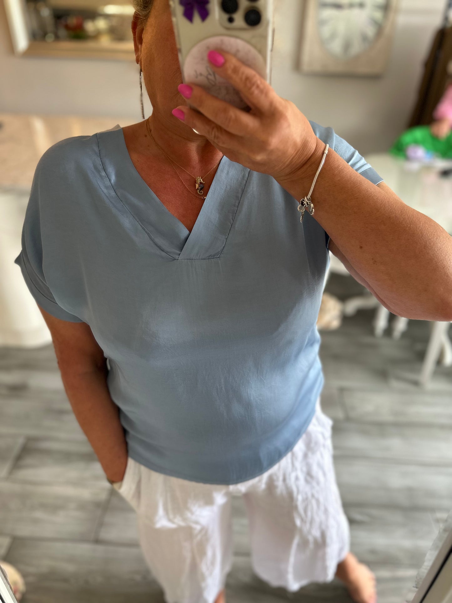 Sally Satin V Neck T-Shirt