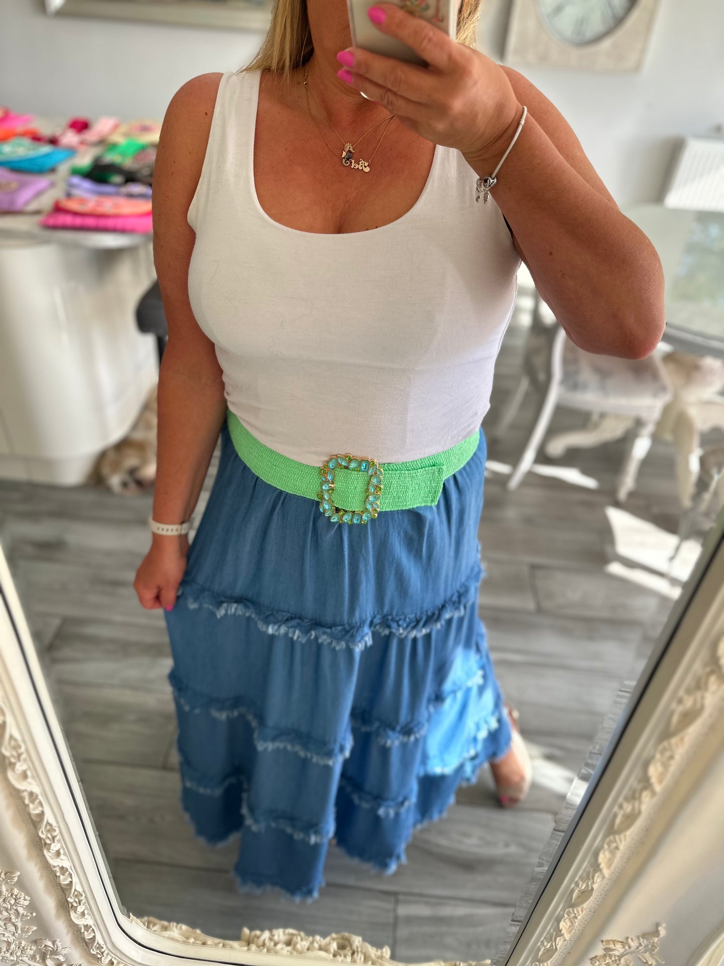 Amalfi Elasticated Belt Square Iridescent Jewel Bucke