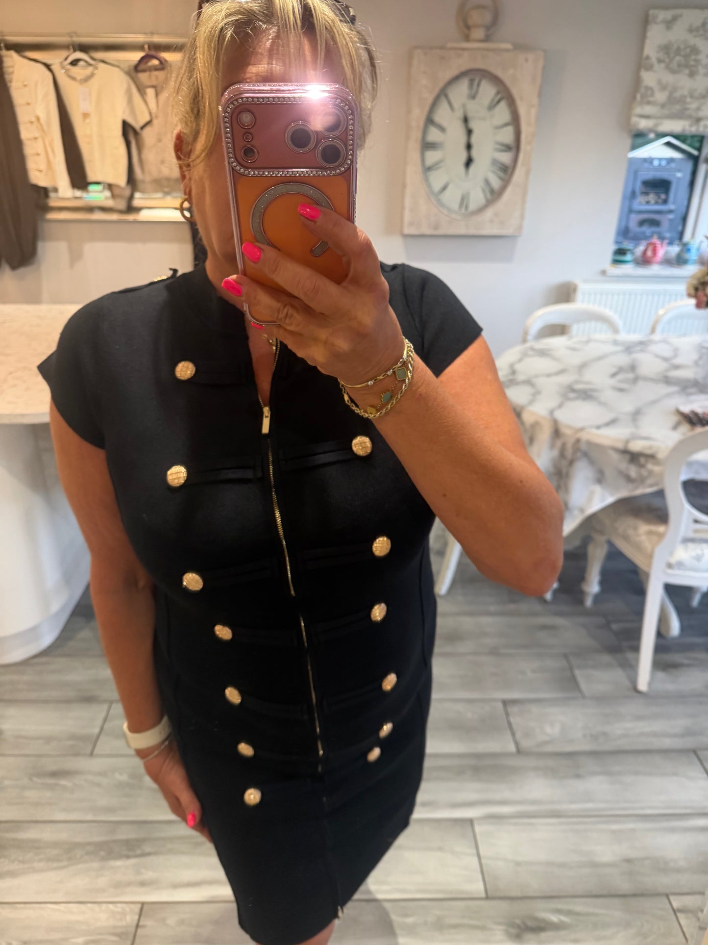 Cindy dress with full zip stretch military style gold button detail