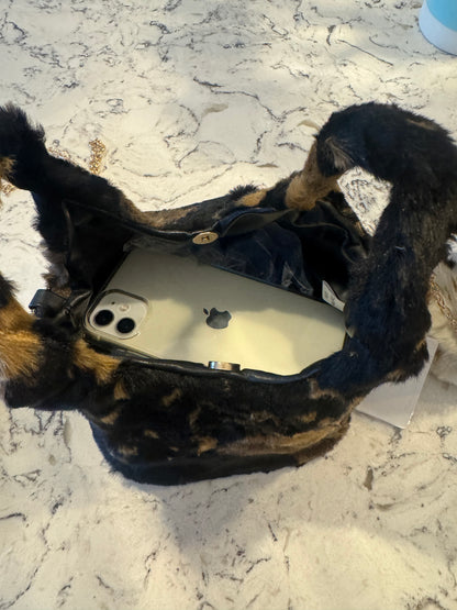 Dionne small flat faux fur bag with gold chain shoulder strap