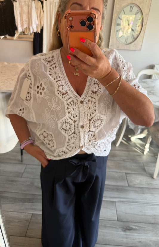 Cindy batwing crochet top with button through