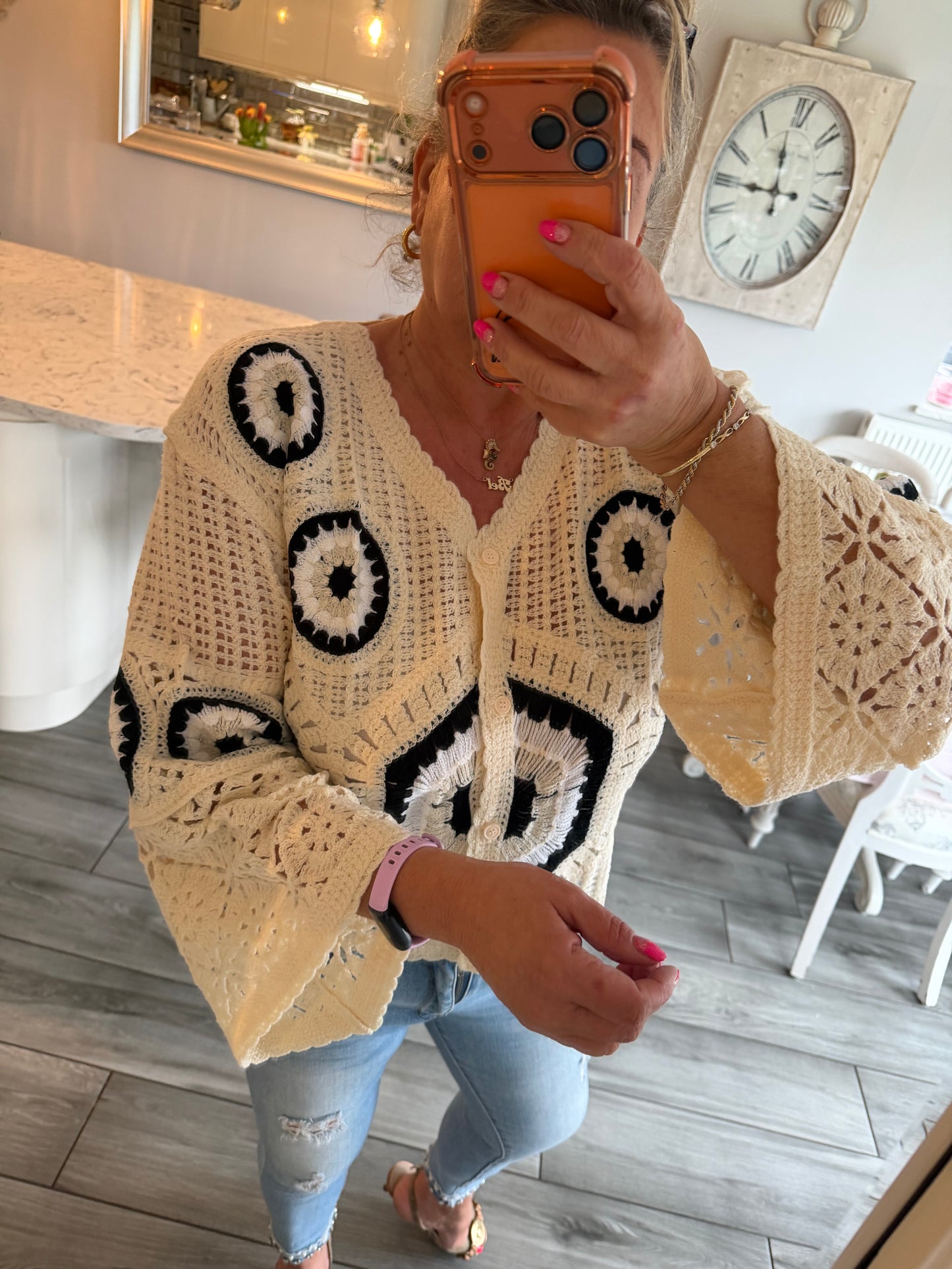Carla wide sleeve crochet button through top/cardi 100% cotton
