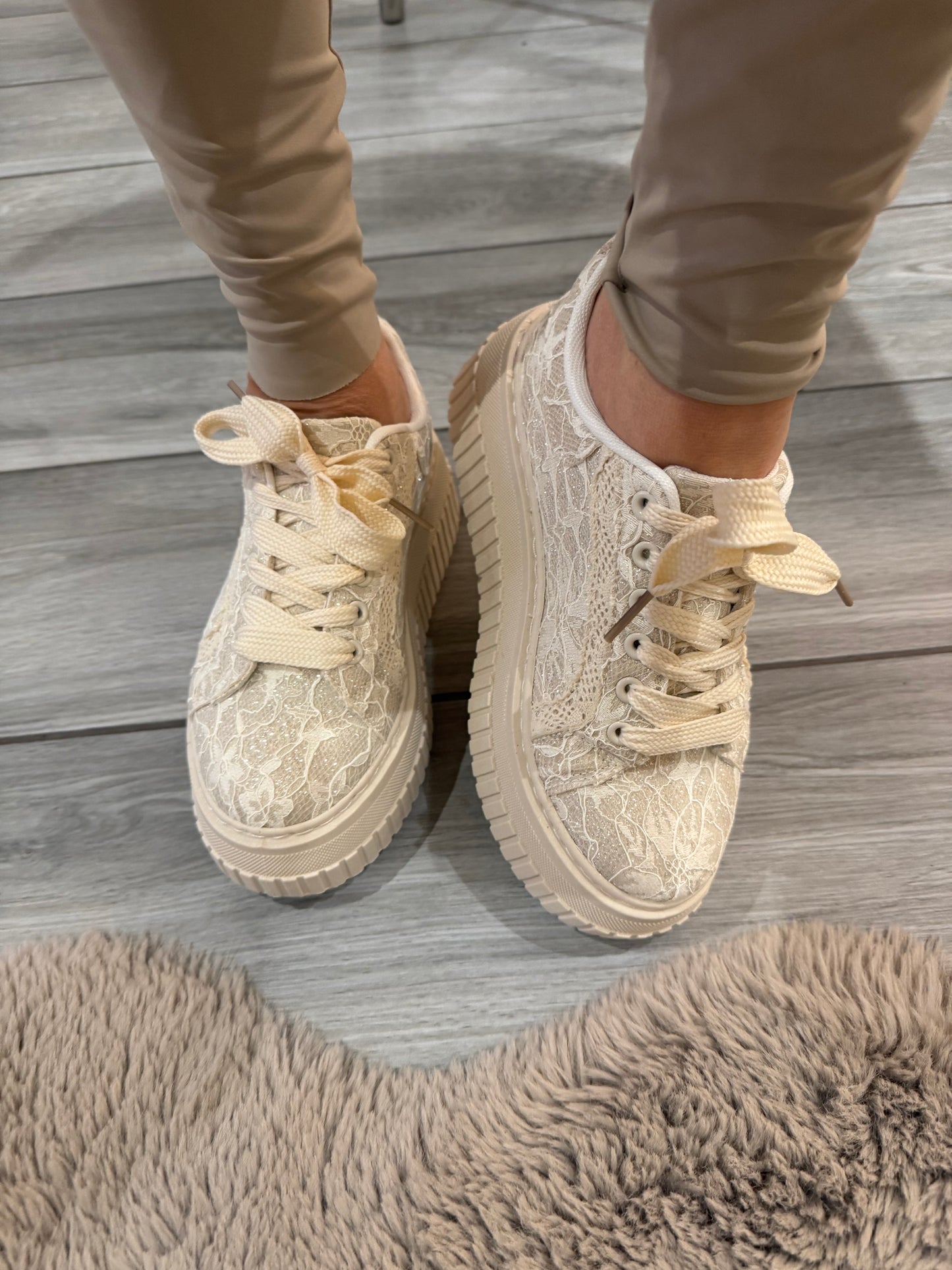 Lacy cream sparkly lace platform trainers