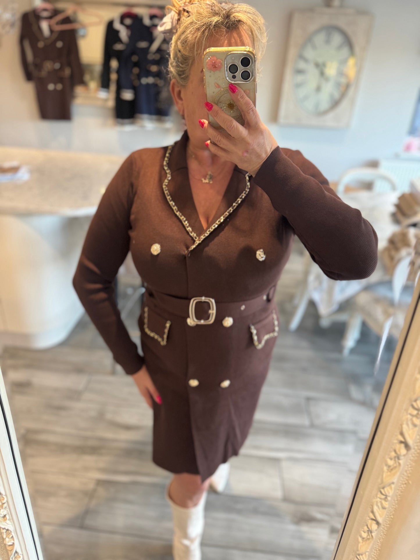 Ella smart short dress gold chanelesque chain detail