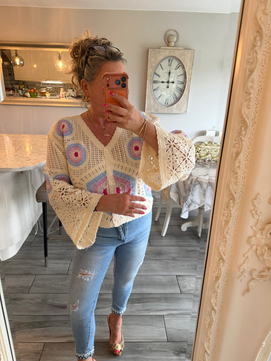 Carla wide sleeve crochet button through top/cardi 100% cotton
