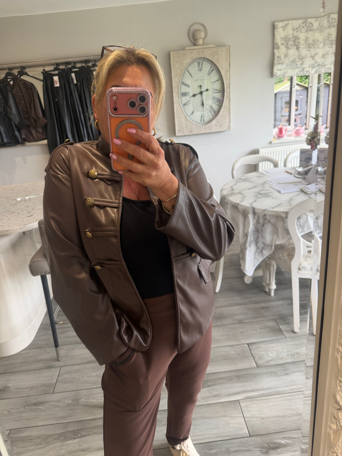 Suzie military style faux leather open jacket