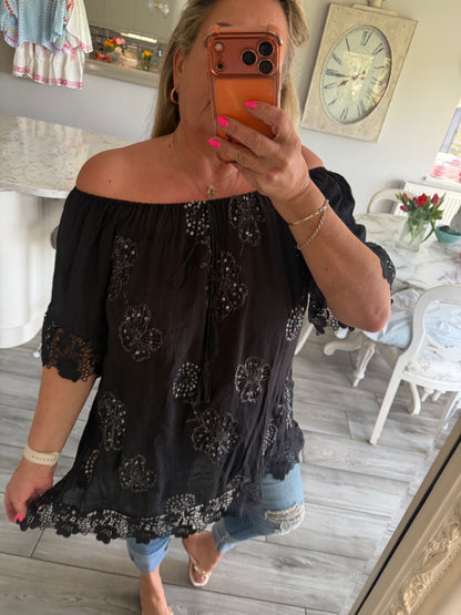 Arabella Bardot top with sequins