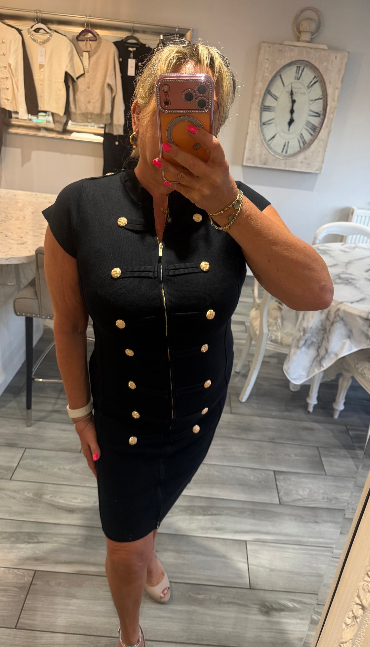 Cindy dress with full zip stretch military style gold button detail