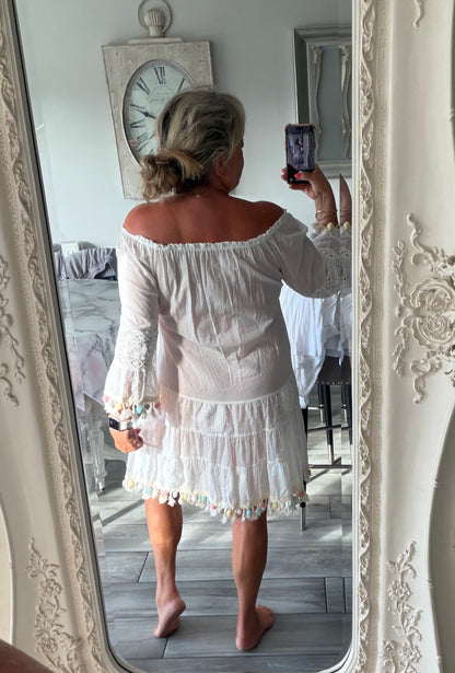 Georgia 100% cotton  Pom Pom detail Bardot dress